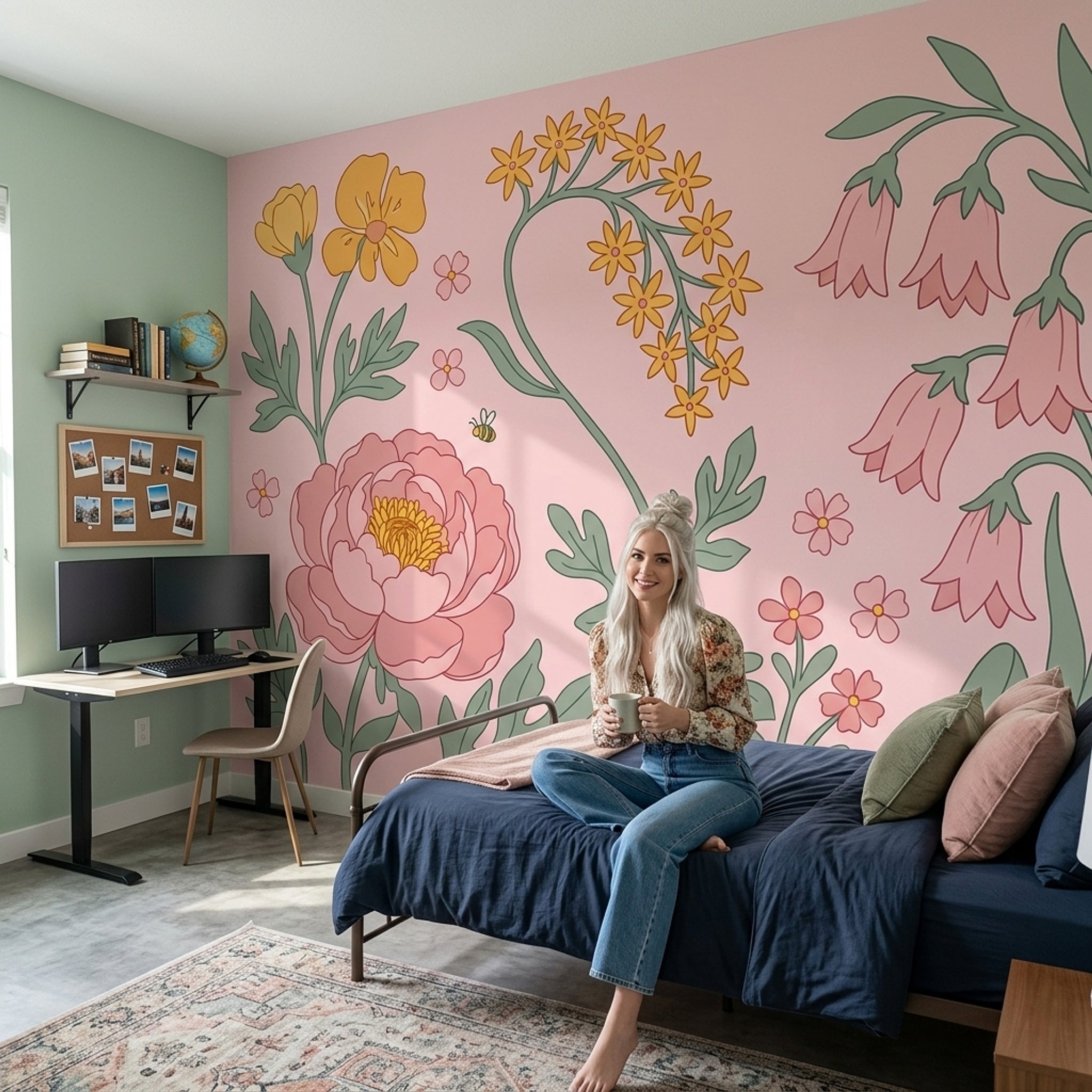 Botanical Illustration Wallpaper Pink Background Pastel Removable Wall Decor