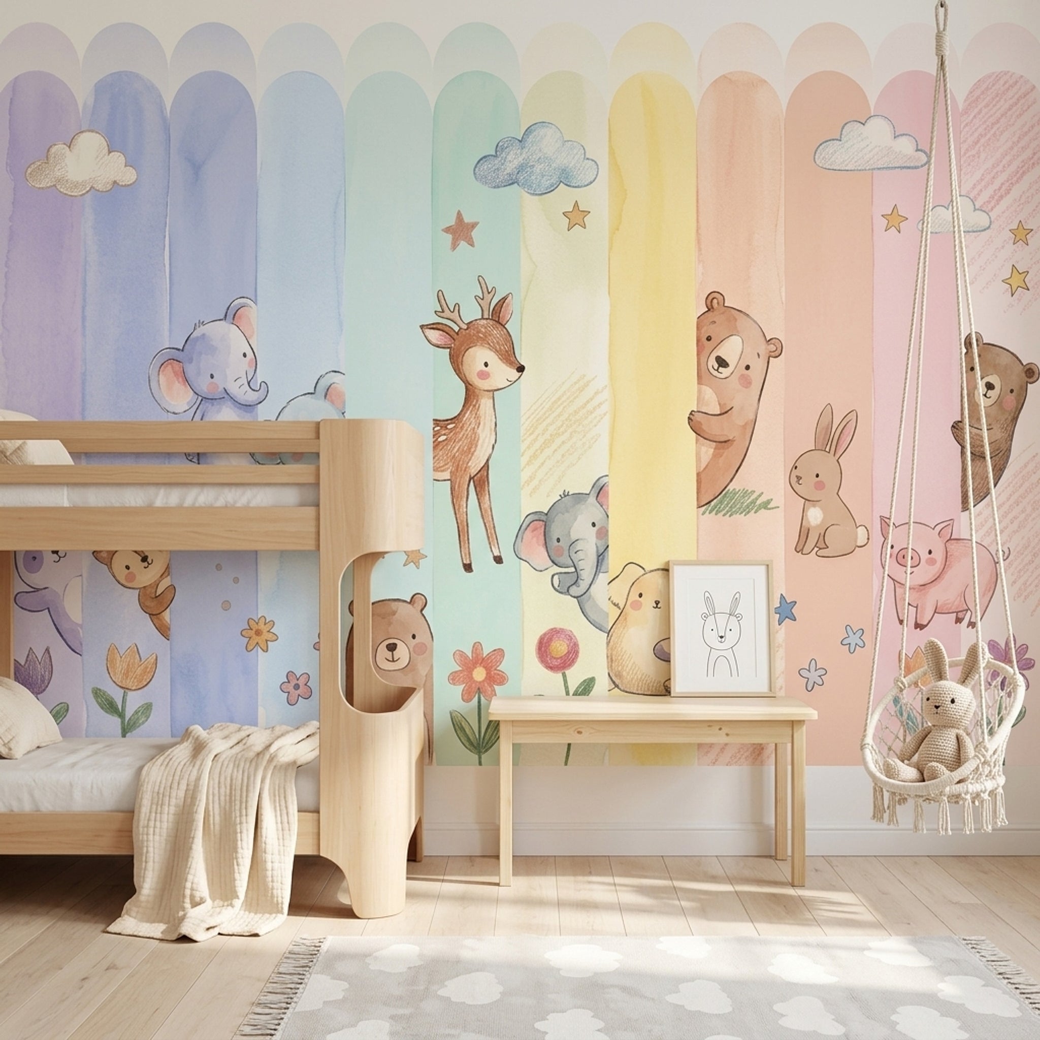Nursery Wallpaper Pastel Cute Animals Removable Wall Decor