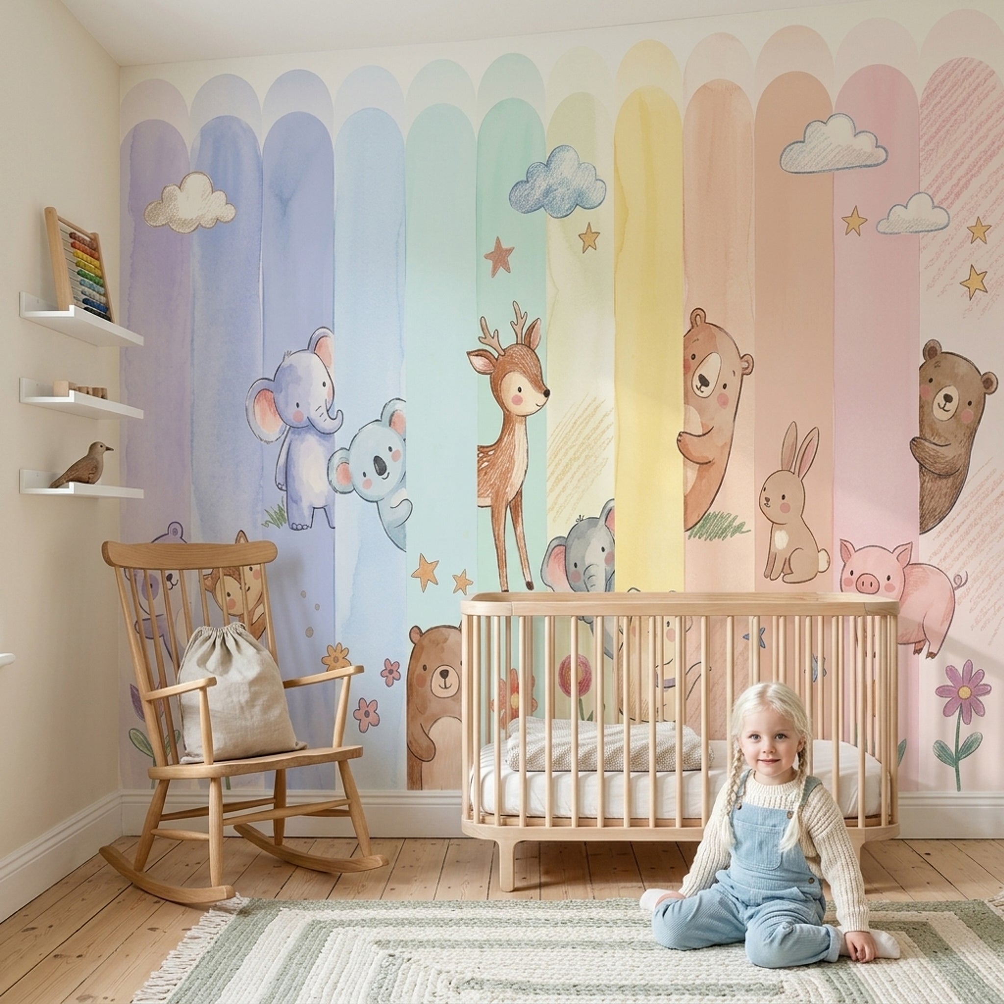 Nursery Wallpaper Pastel Cute Animals Removable Wall Decor