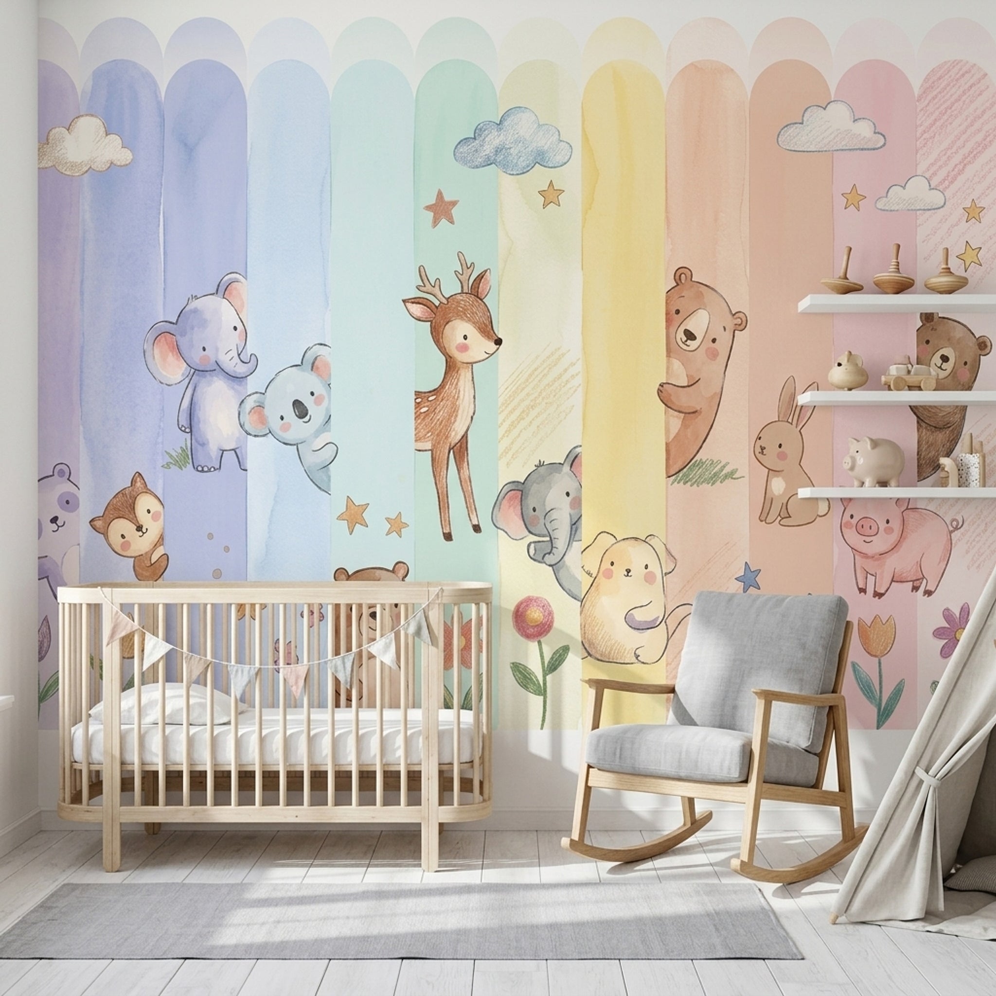 Nursery Wallpaper Pastel Cute Animals Removable Wall Decor