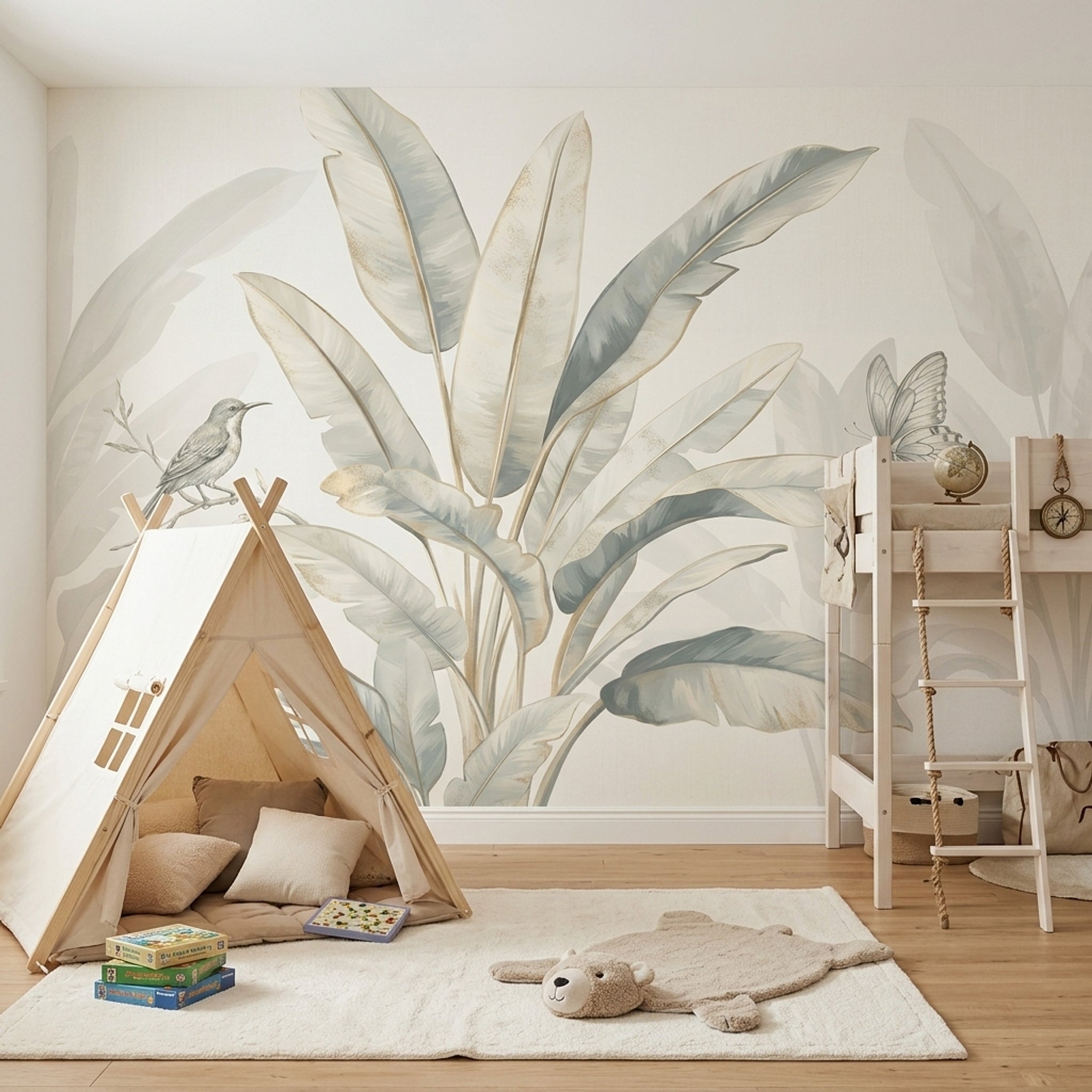 Tropical Leaves Wallpaper Watercolor Bird Removable Wall Decor