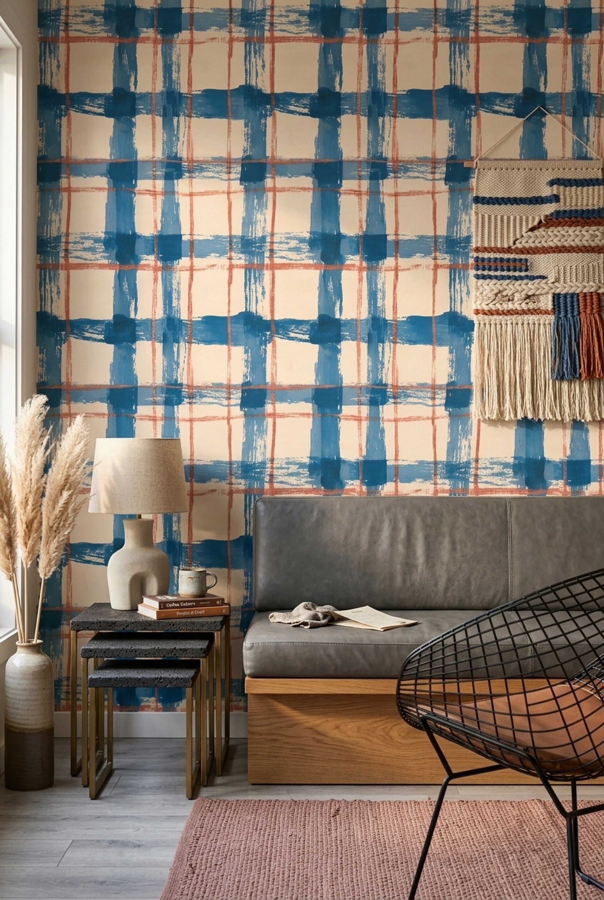 Abstract Plaid Wallpaper Painted Grid Blue Brushstrokes Removable Wall Decor