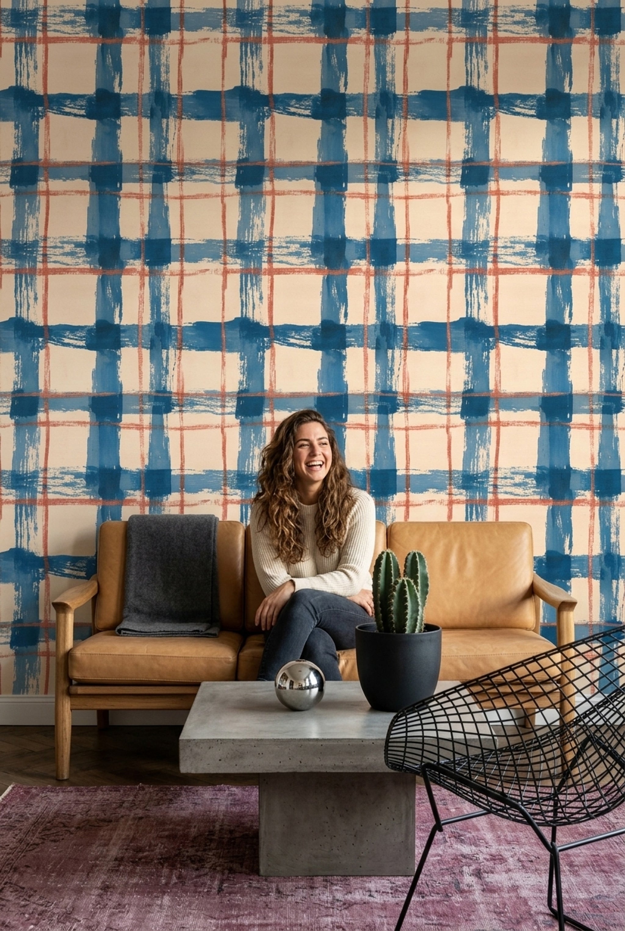 Abstract Plaid Wallpaper Painted Grid Blue Brushstrokes Removable Wall Decor