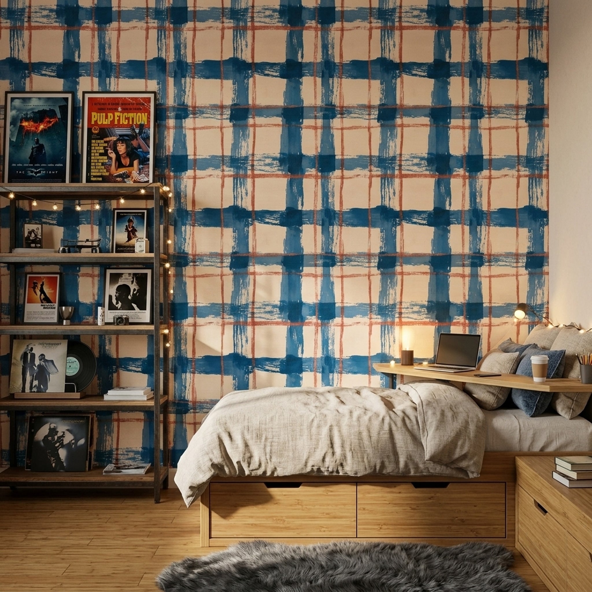 Abstract Plaid Wallpaper Painted Grid Blue Brushstrokes Removable Wall Decor