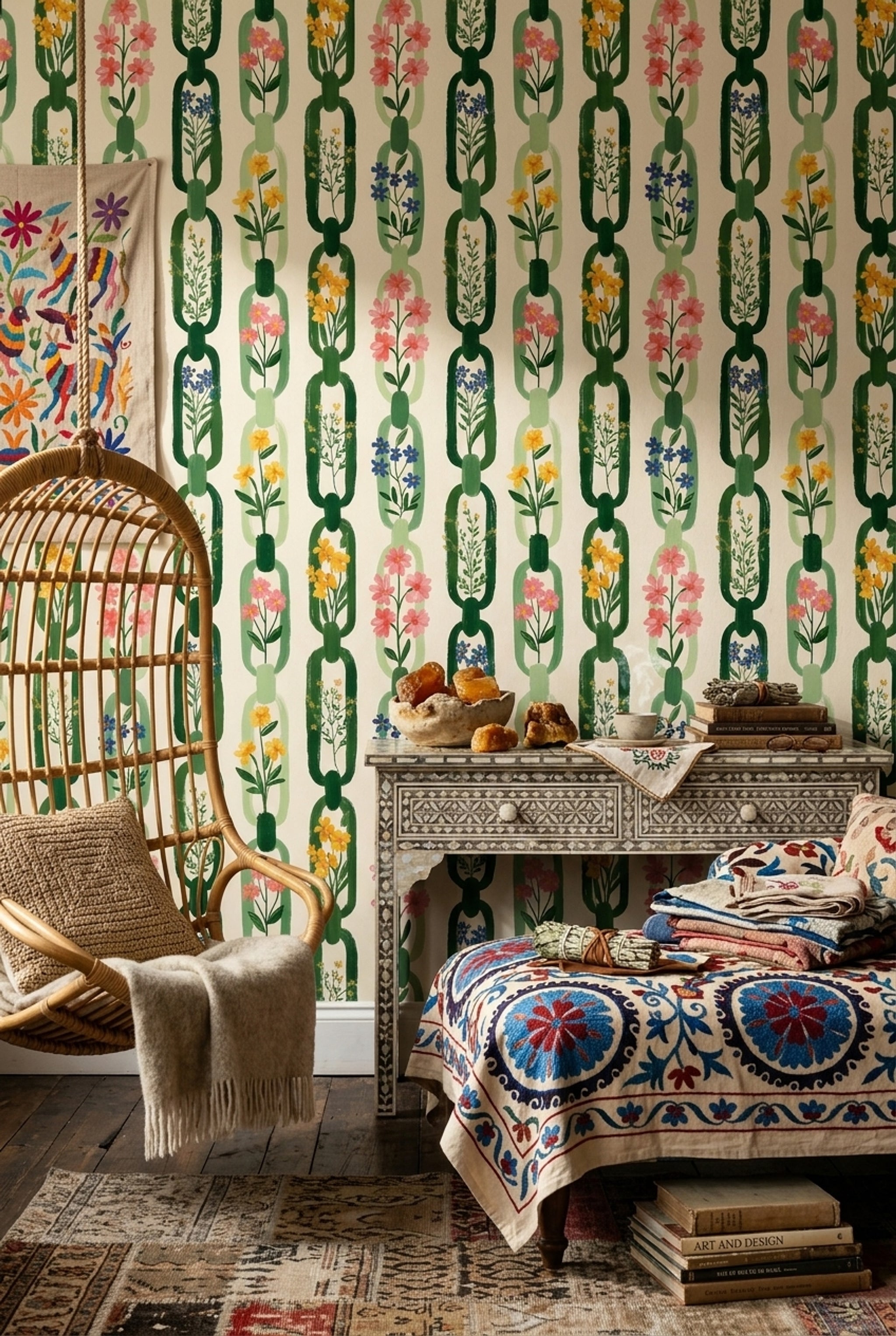 Botanical Wallpaper Floral Removable Green Chain Links Wall Decor