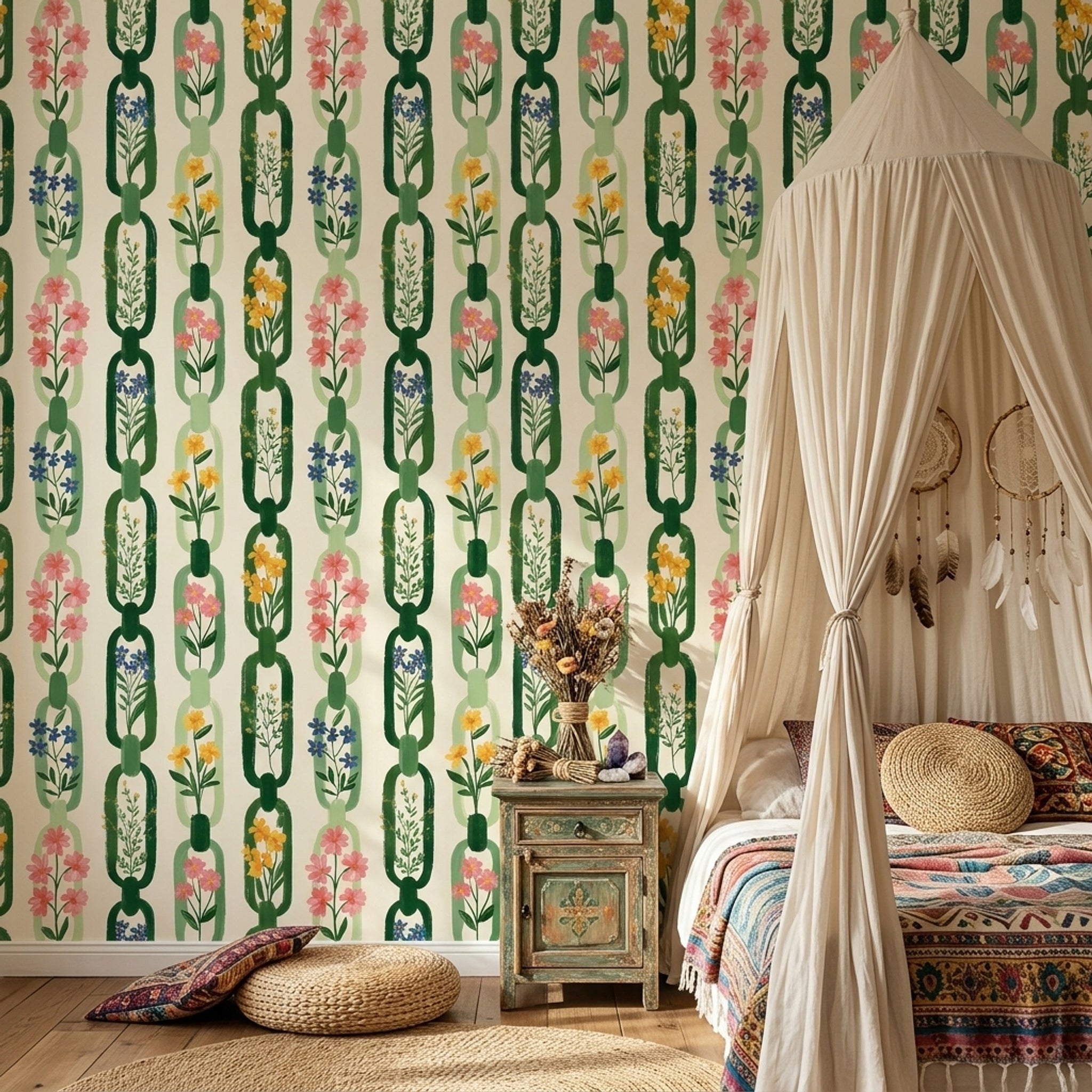 Botanical Wallpaper Floral Removable Green Chain Links Wall Decor