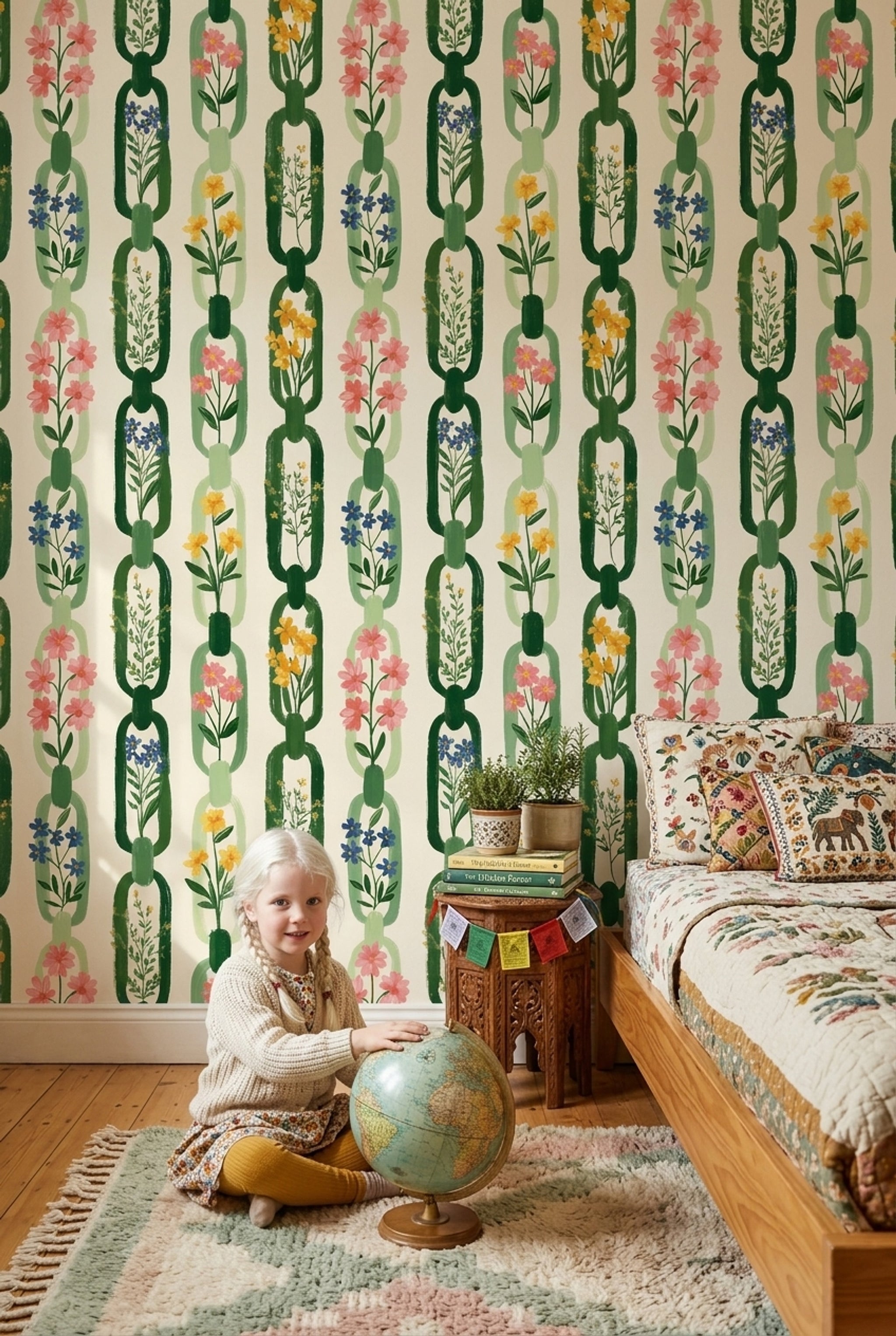 Botanical Wallpaper Floral Removable Green Chain Links Wall Decor