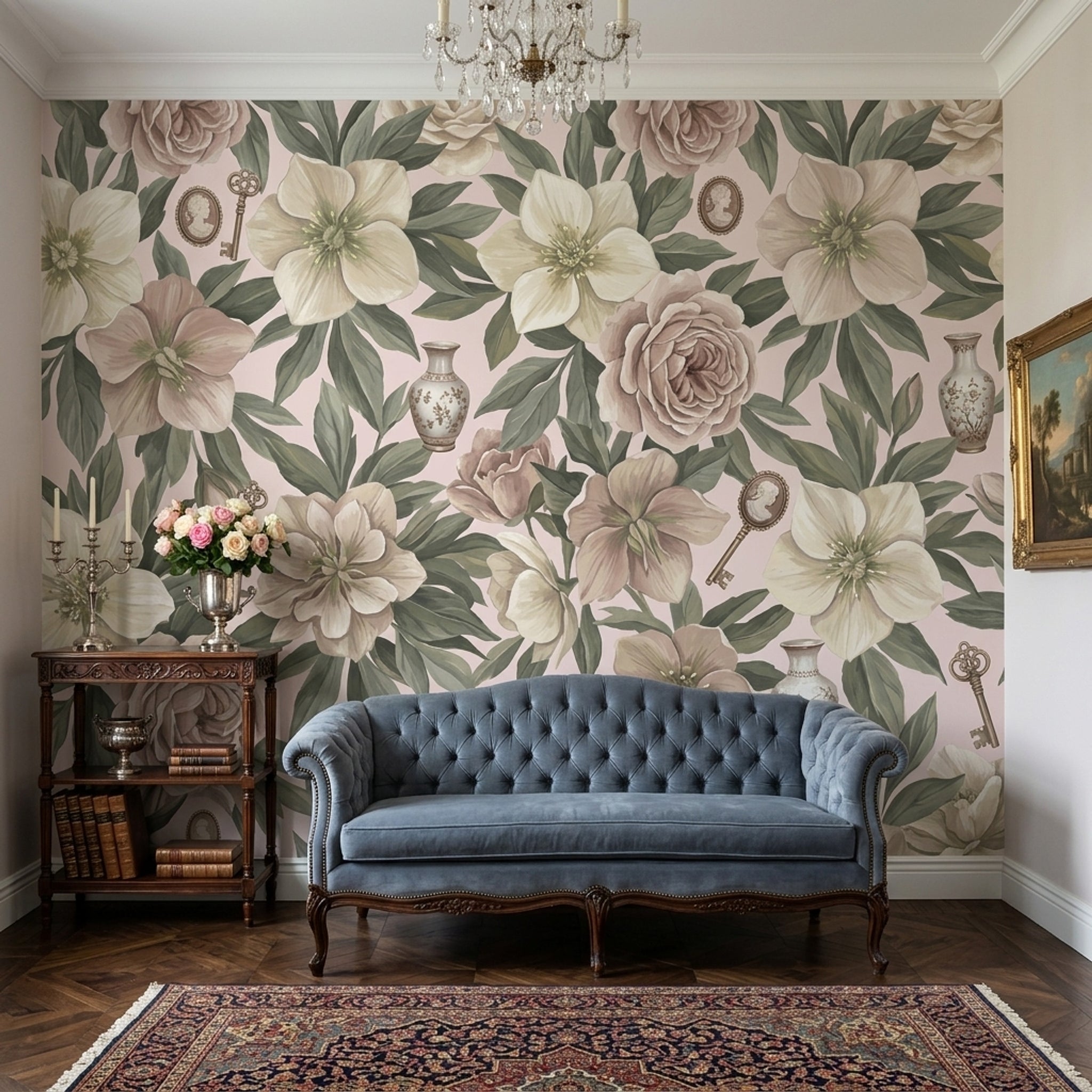 Floral Wallpaper Botanical Leaves Vintage Keys Wall Mural