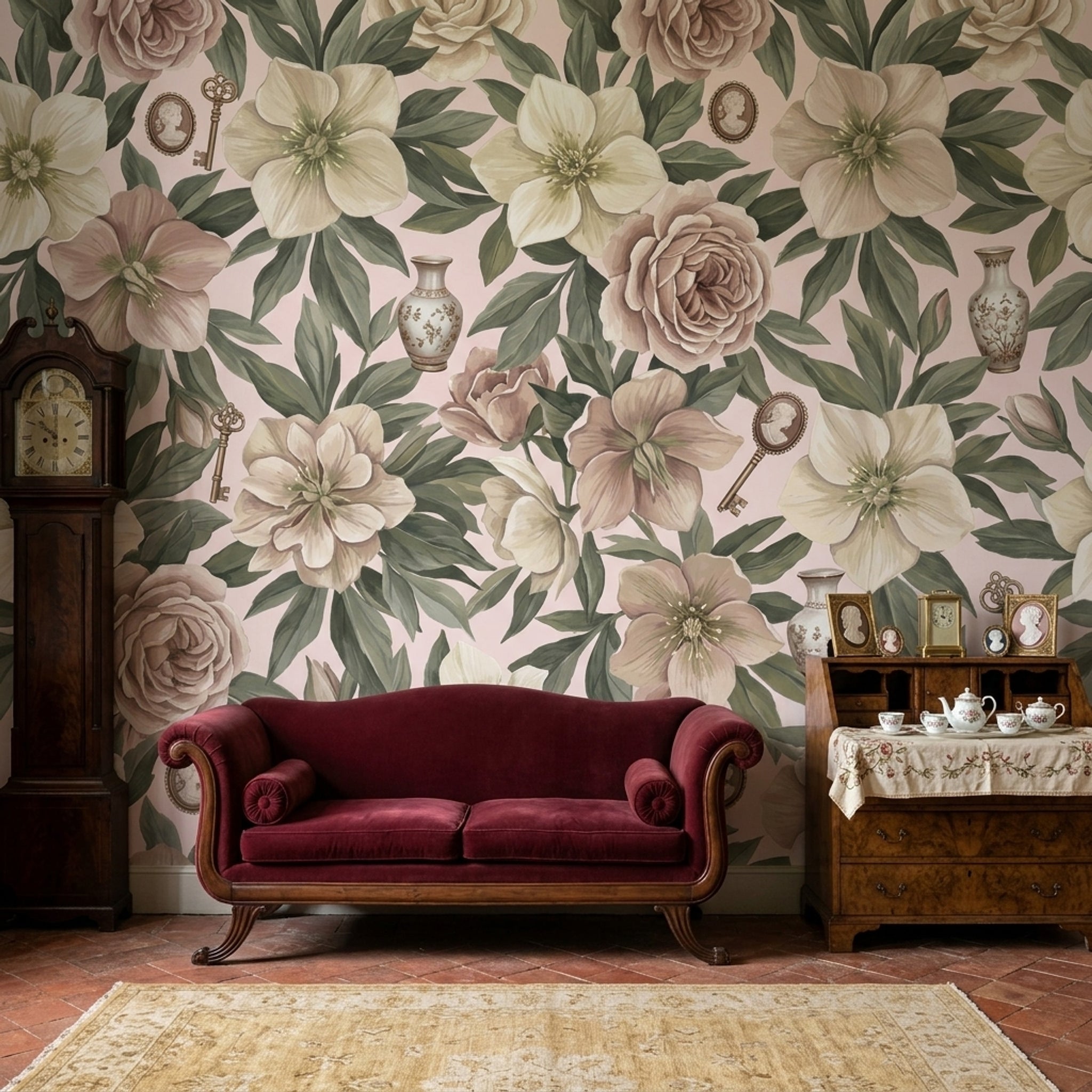 Floral Wallpaper Botanical Leaves Vintage Keys Wall Mural