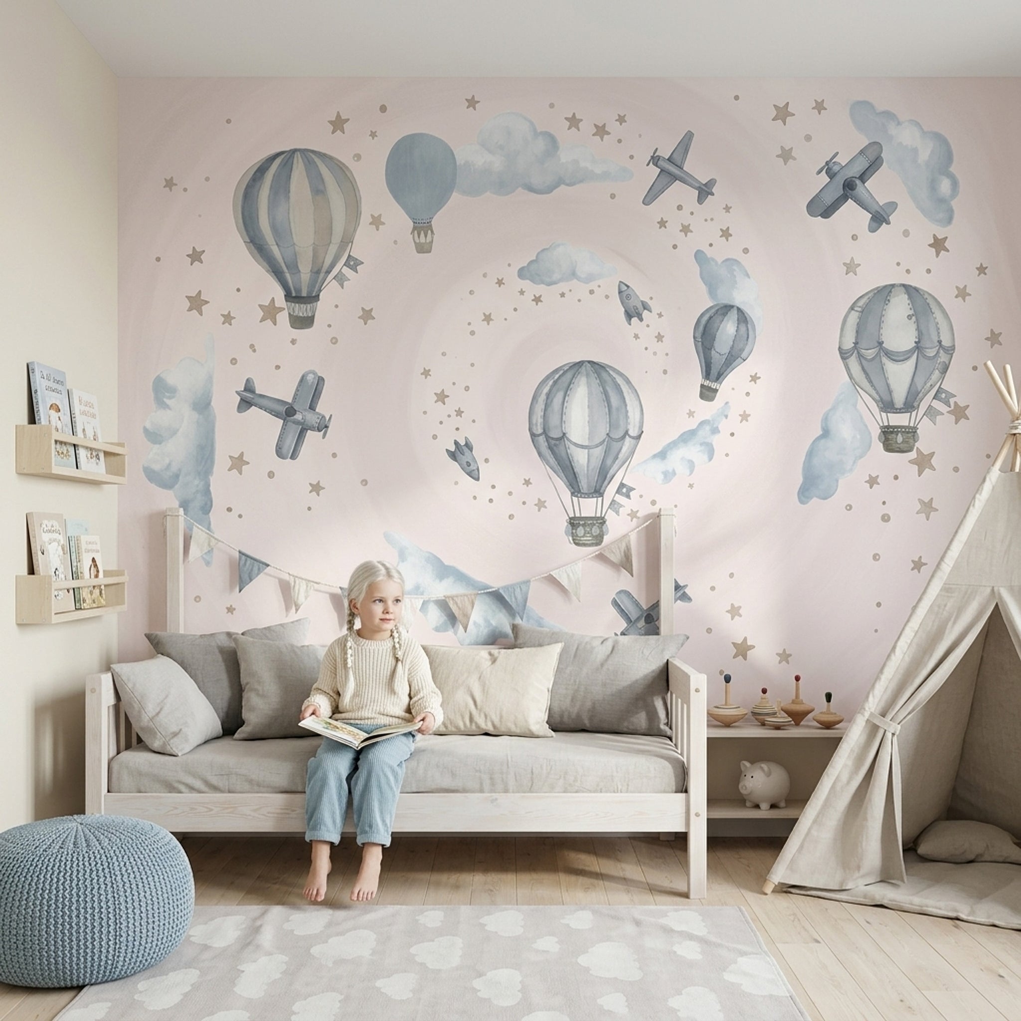 Hot Air Balloons Wallpaper Airplanes Clouds Removable Wall Decor