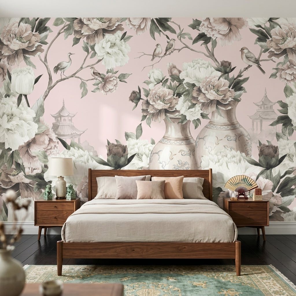 Chinoiserie Wallpaper Peonies Porcelain Vases Removable Wall Decor