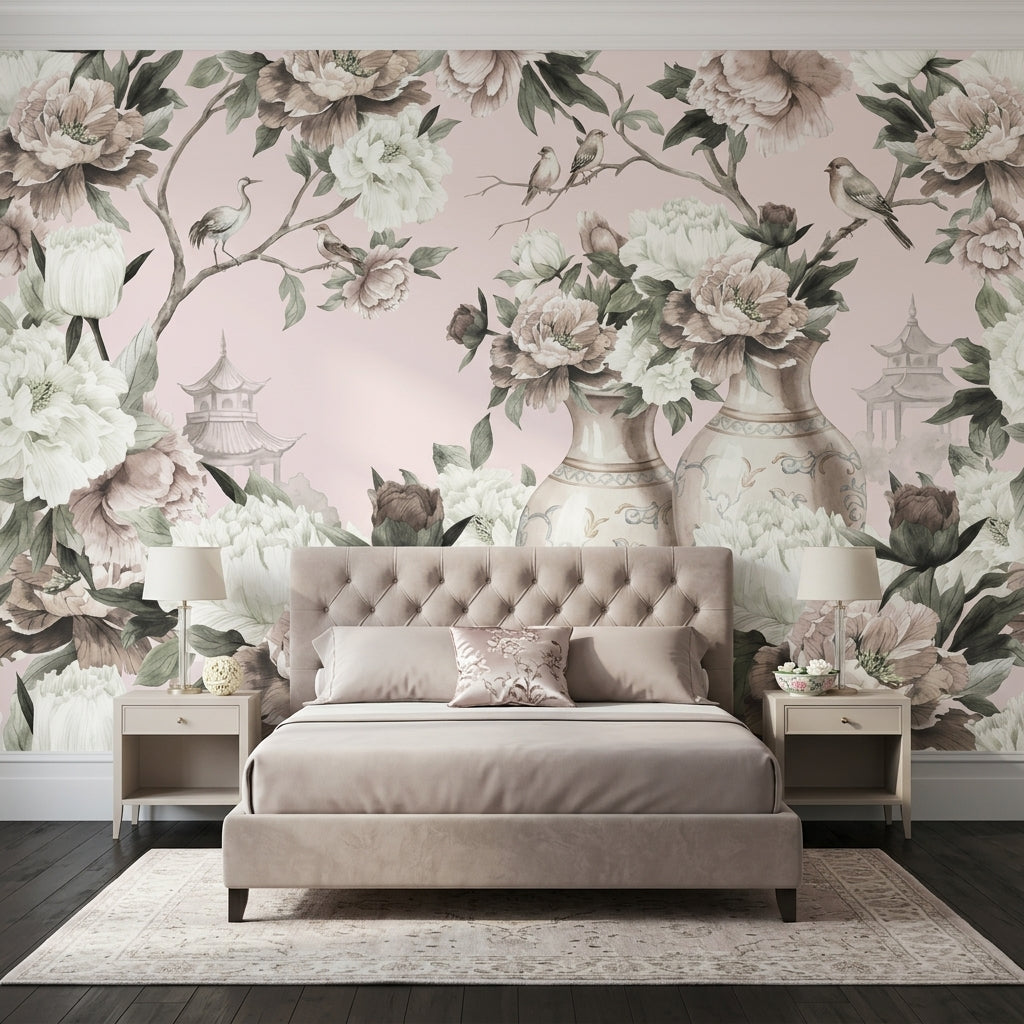 Chinoiserie Wallpaper Peonies Porcelain Vases Removable Wall Decor