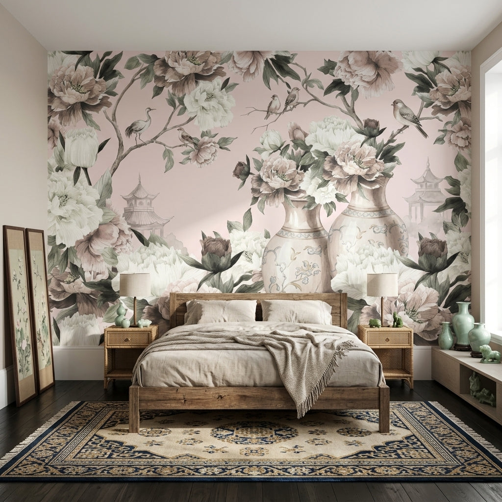 Chinoiserie Wallpaper Peonies Porcelain Vases Removable Wall Decor