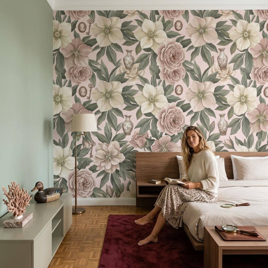 Floral Wallpaper Botanical Leaves Vintage Keys Wall Mural