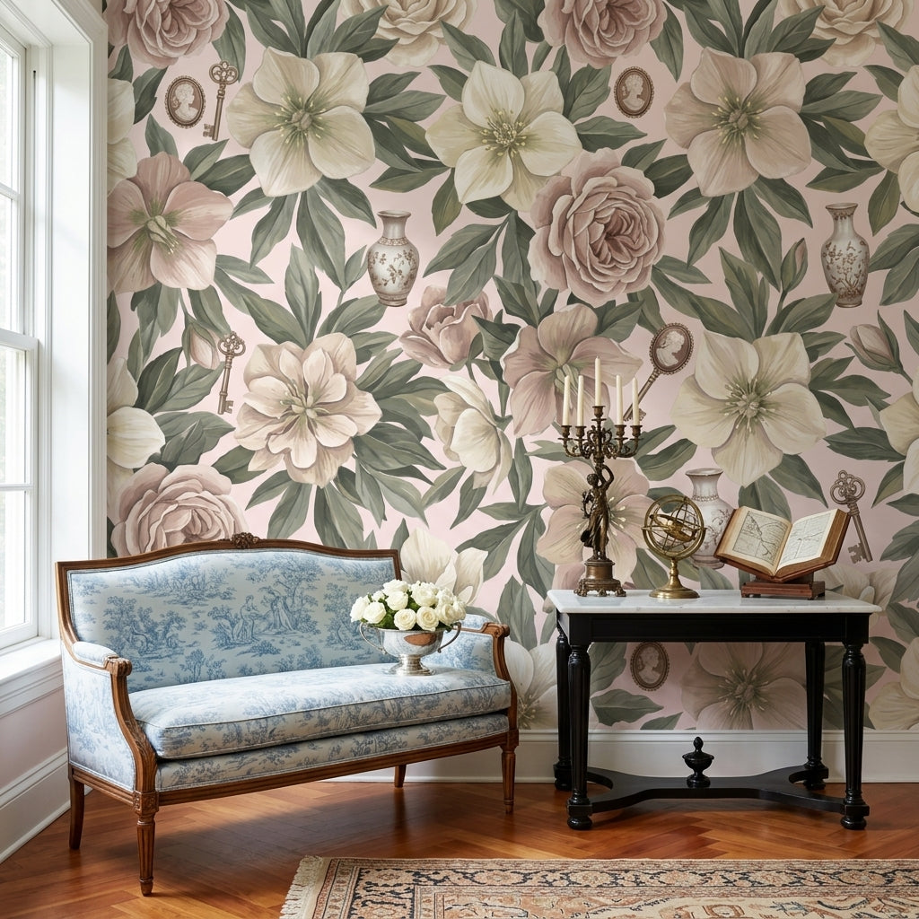 Floral Wallpaper Botanical Leaves Vintage Keys Wall Mural