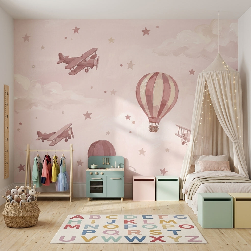 Hot Air Balloons Wallpaper Biplanes Removable Whimsical Sky Wall Decor
