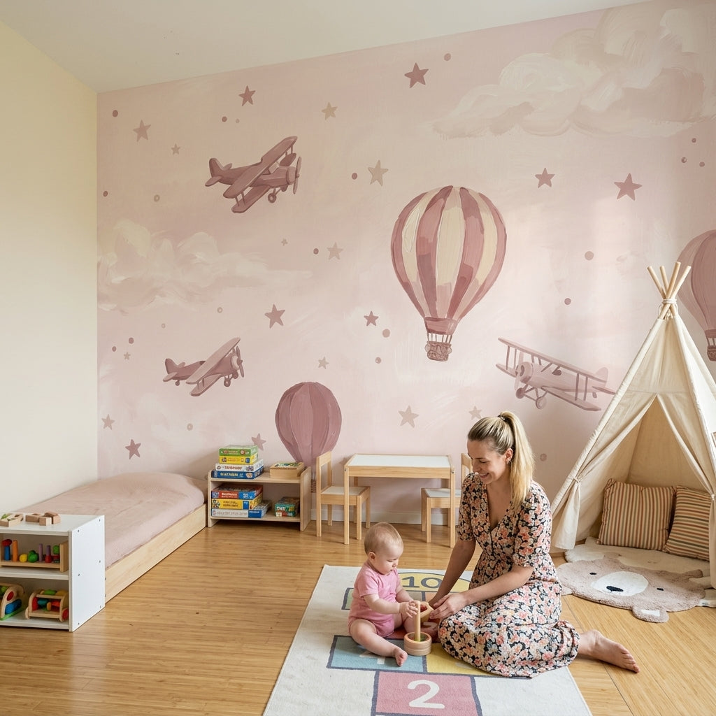 Hot Air Balloons Wallpaper Biplanes Removable Whimsical Sky Wall Decor