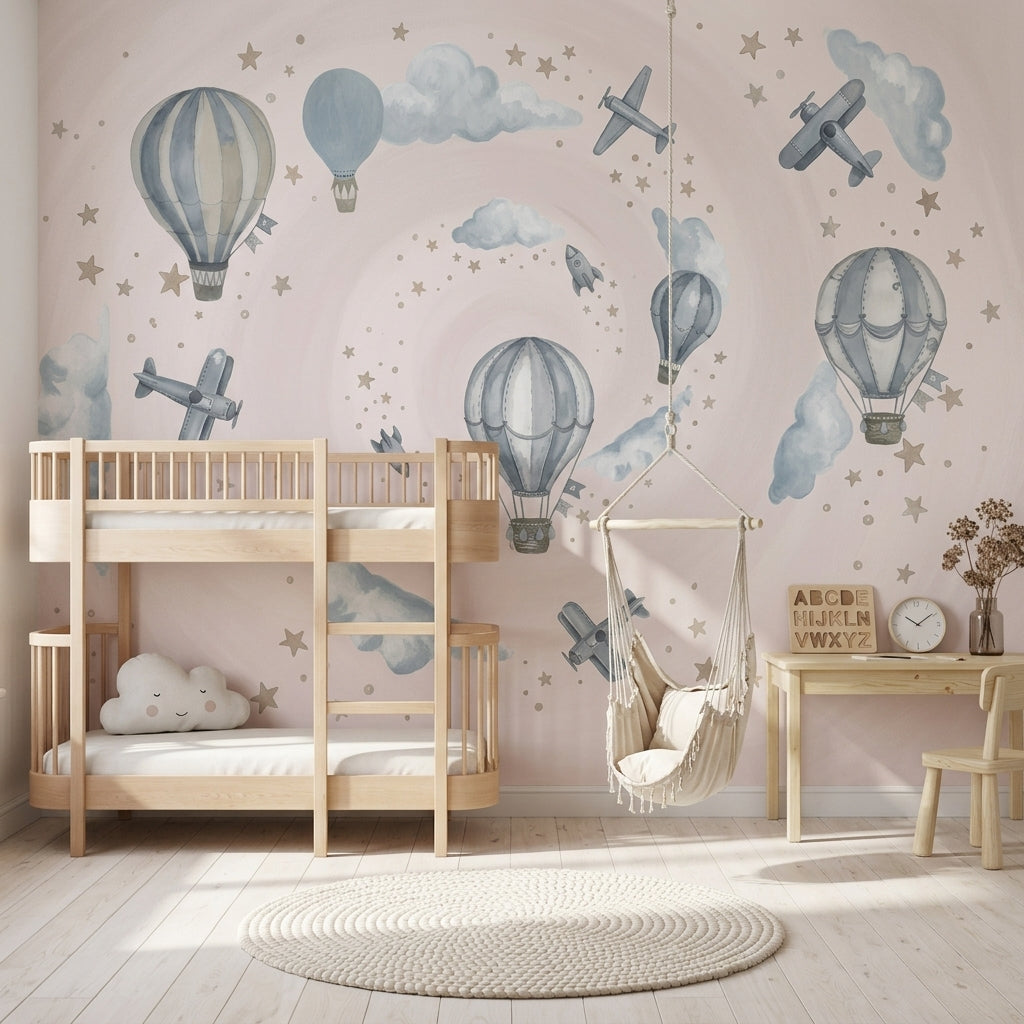 Hot Air Balloons Wallpaper Airplanes Clouds Removable Wall Decor