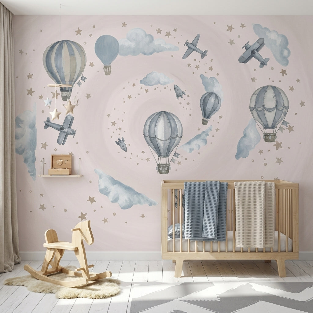 Hot Air Balloons Wallpaper Airplanes Clouds Removable Wall Decor