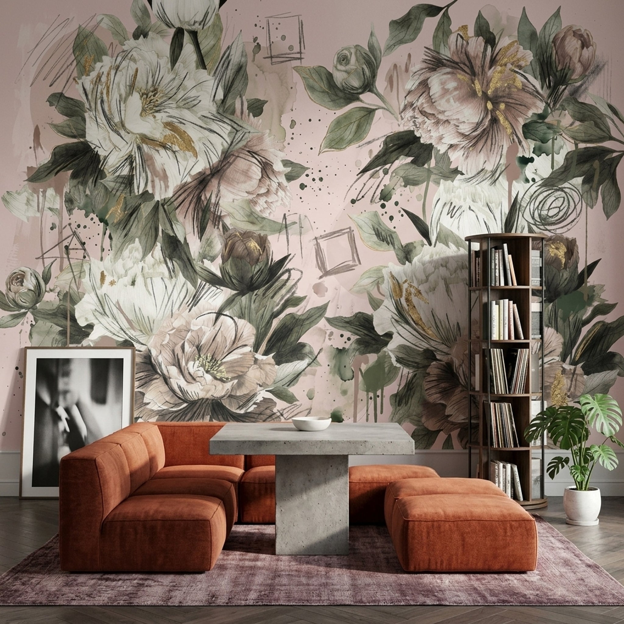 Peony Wallpaper Blush Pink Gold Accents Removable Wall Decor