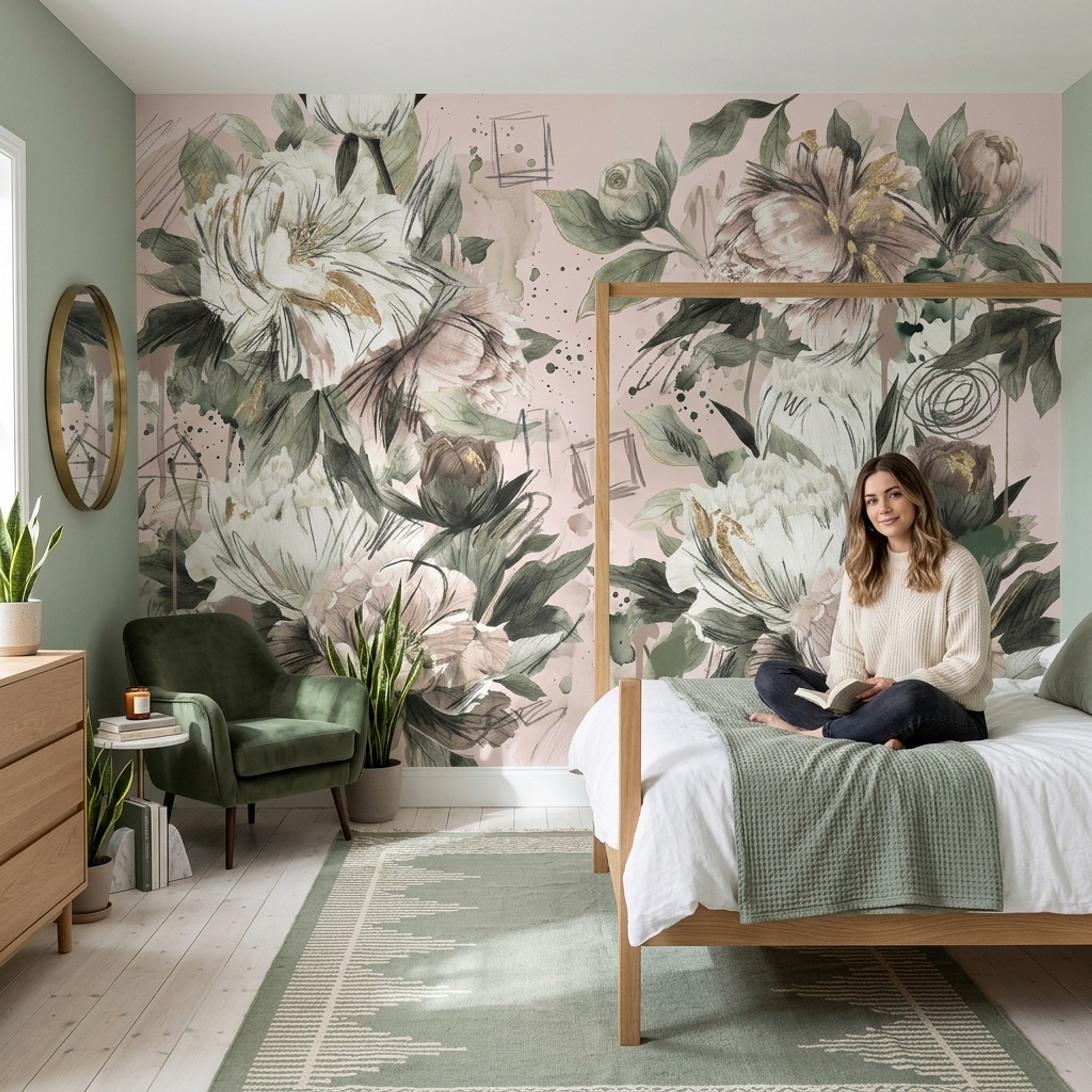 Peony Wallpaper Blush Pink Gold Accents Removable Wall Decor