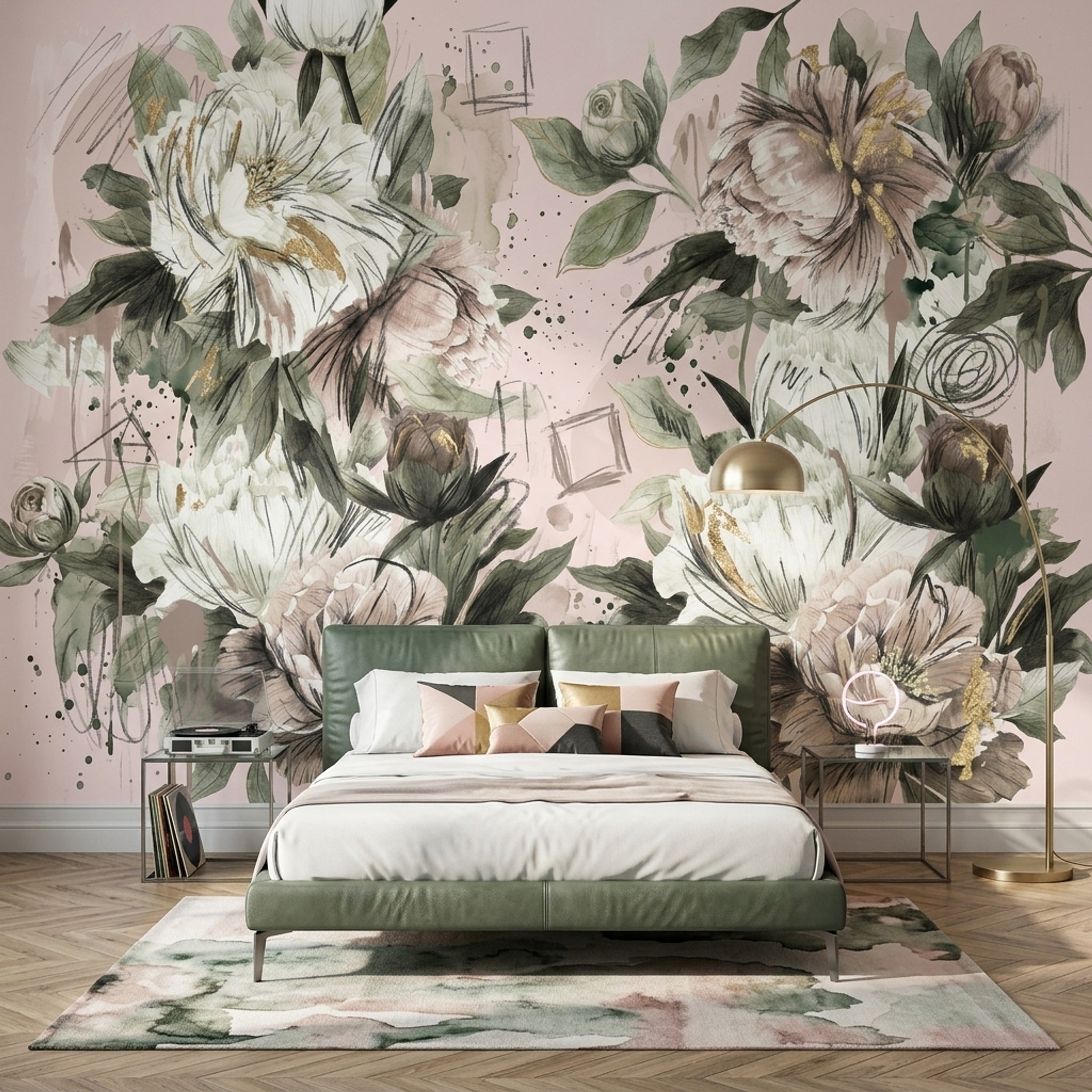 Peony Wallpaper Blush Pink Gold Accents Removable Wall Decor