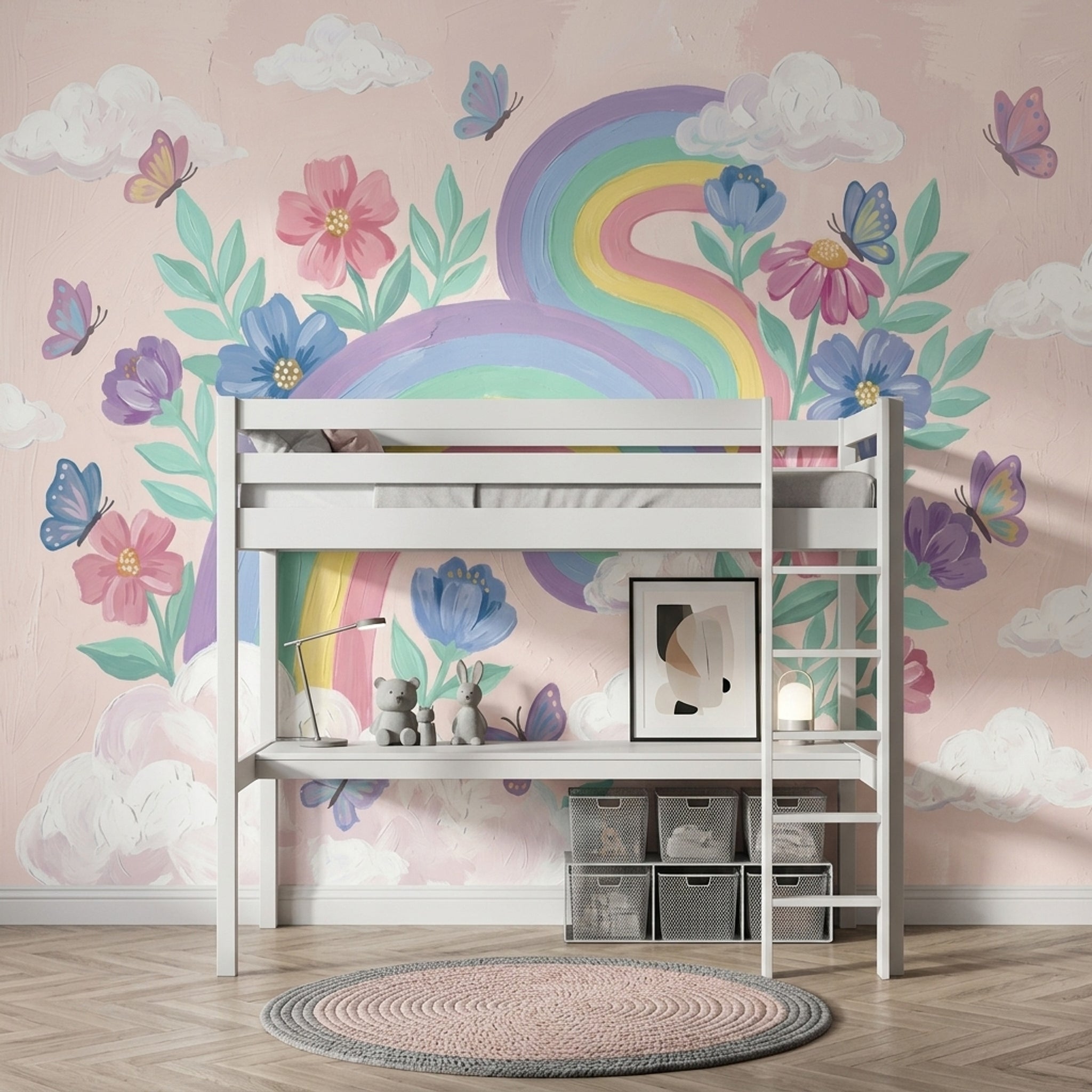 Pastel Rainbow Wallpaper Floral Bouquet Removable Butterflies Wall Decor