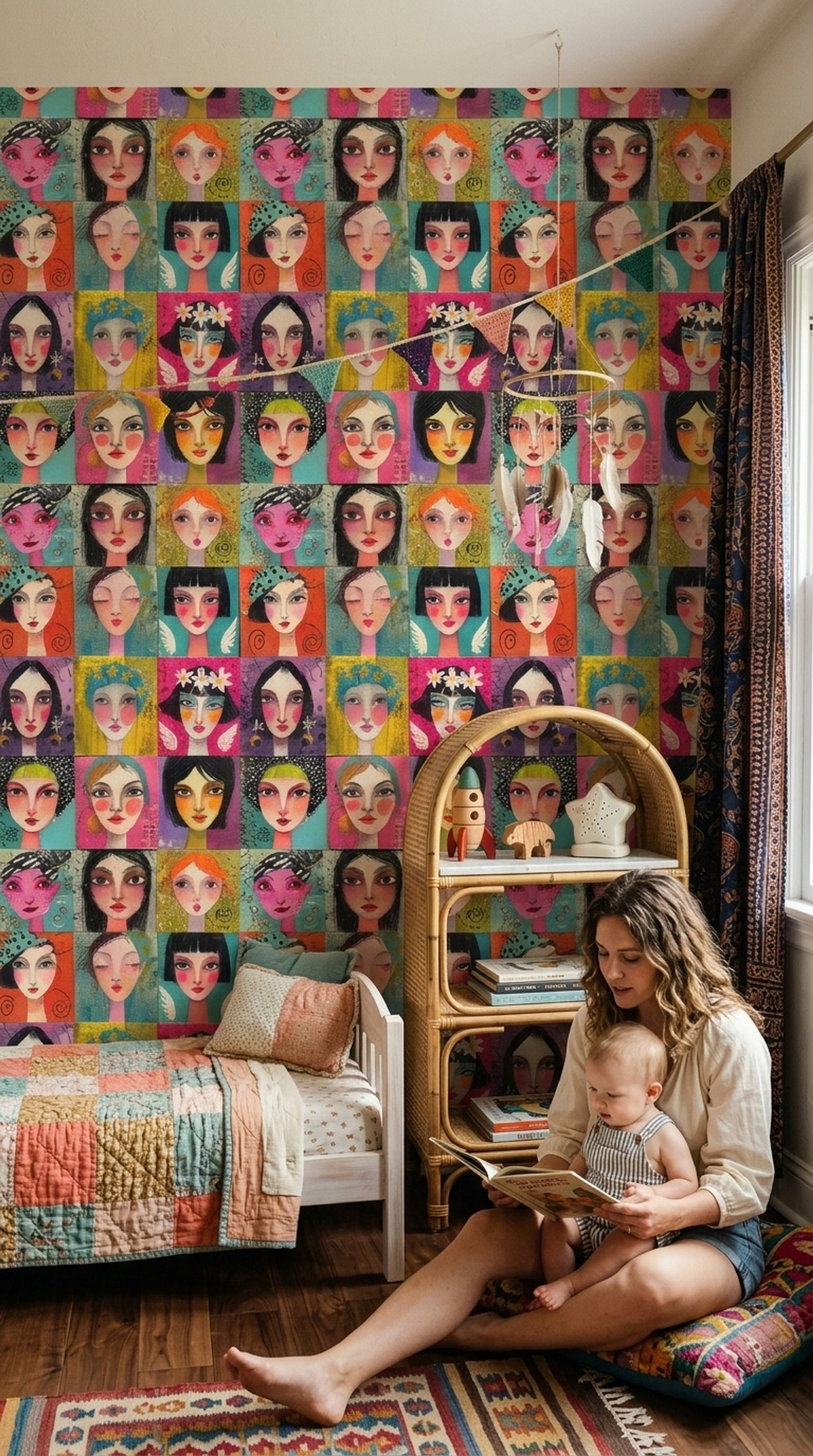 Stylized Female Portraits Wallpaper Colorful Grid Removable Mixed Media Texture Wall Decor