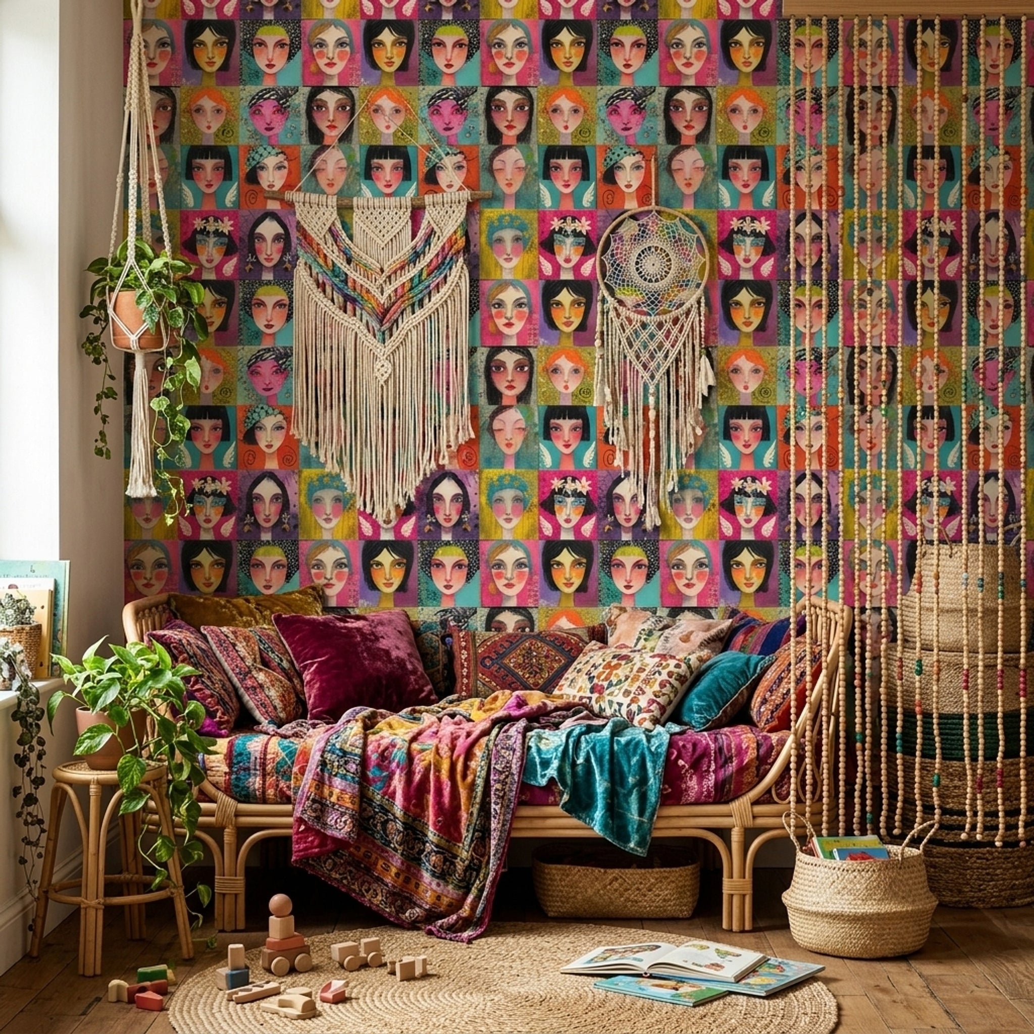 Stylized Female Portraits Wallpaper Colorful Grid Removable Mixed Media Texture Wall Decor