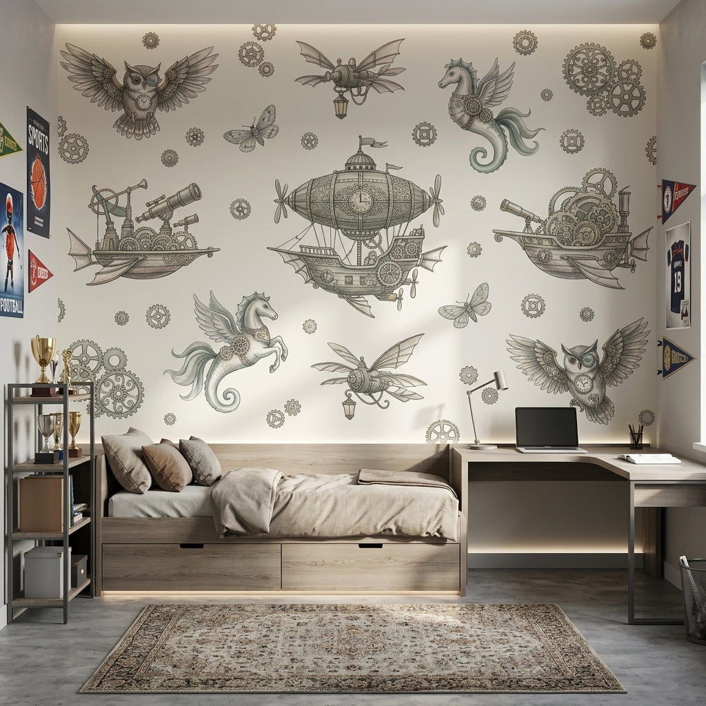 Steampunk Wallpaper Airship Removable Gears Wall Decor