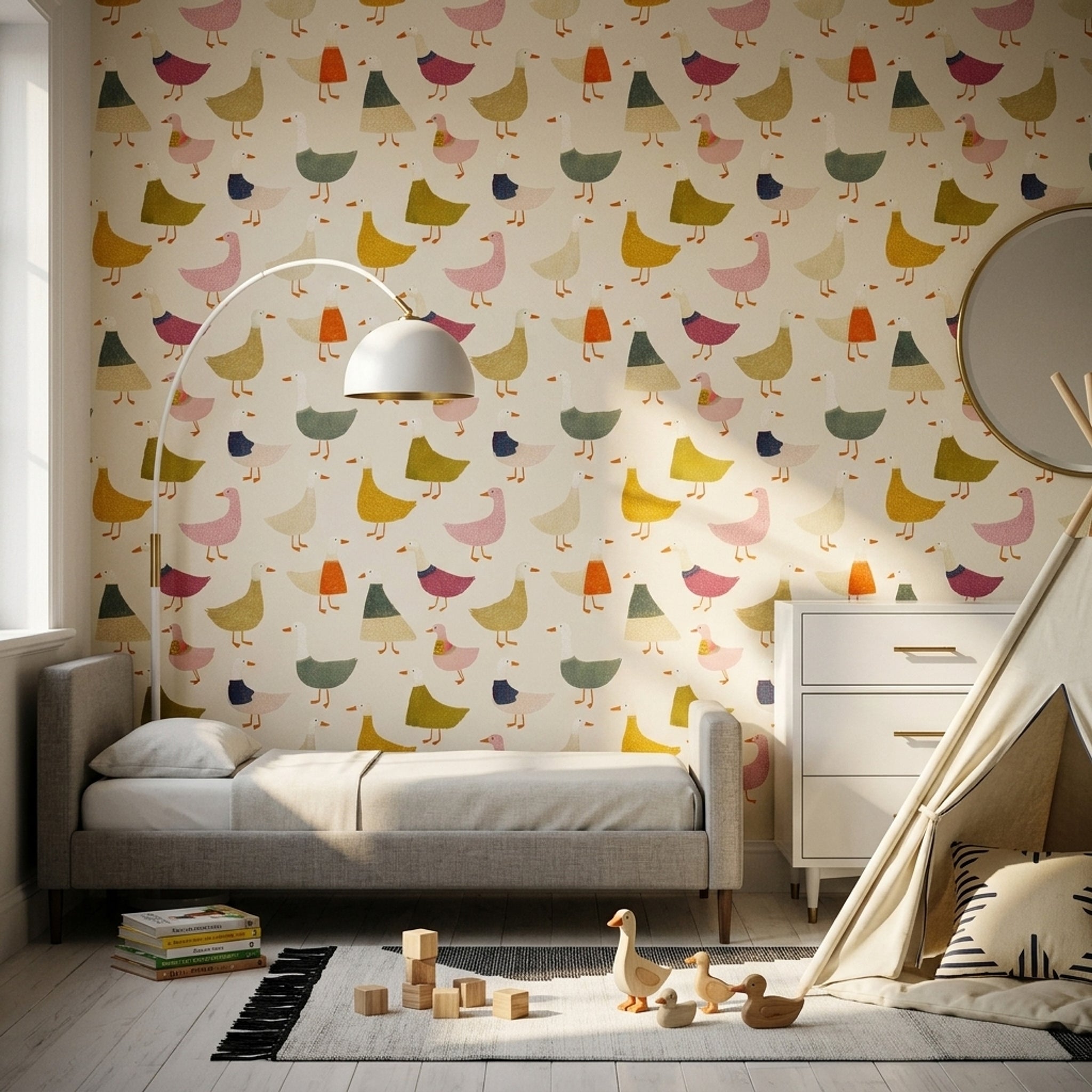 Whimsical Ducks Wallpaper Cream Background Geese Pattern Removable Wall Decor
