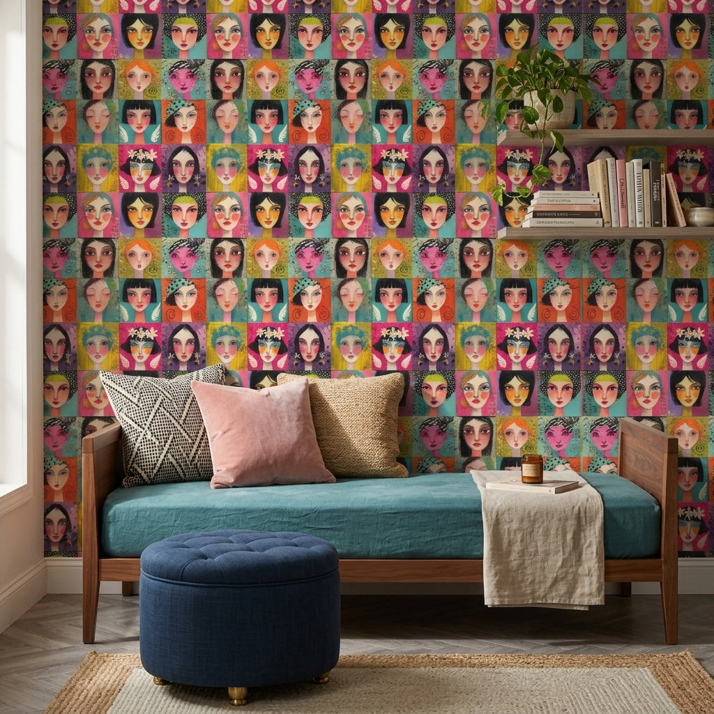 Stylized Female Portraits Wallpaper Colorful Grid Removable Mixed Media Texture Wall Decor