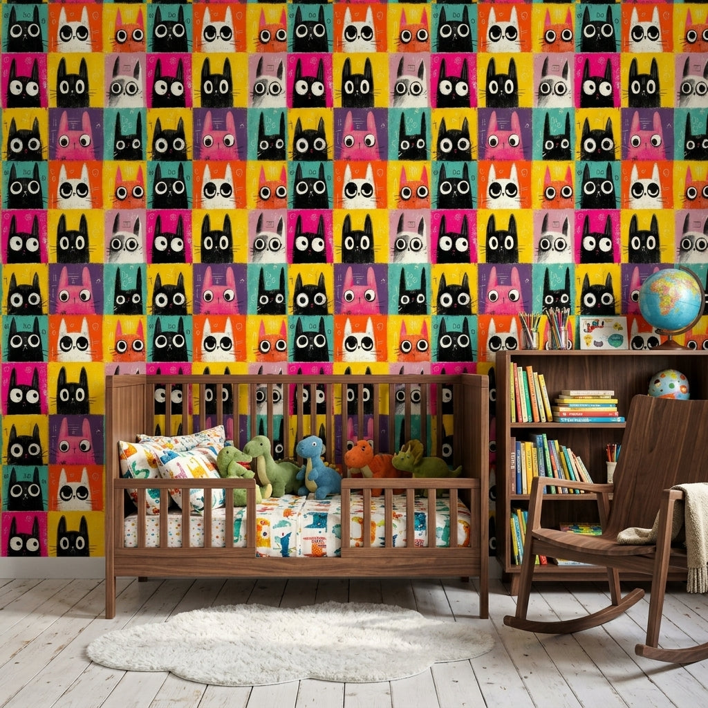 Cartoon Cats Wallpaper Pop Art Colorful Grid Removable Wall Decor