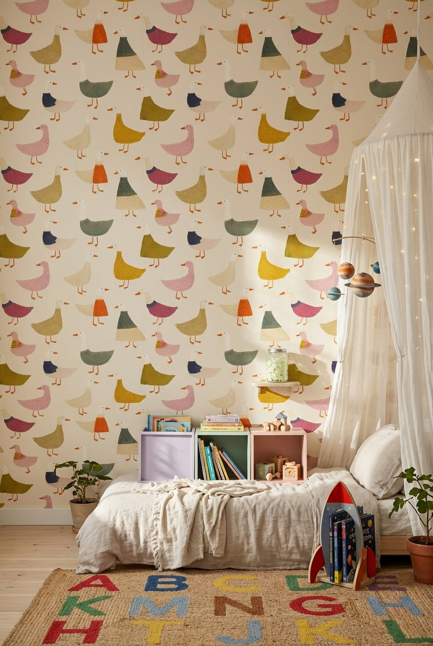 Whimsical Ducks Wallpaper Cream Background Geese Pattern Removable Wall Decor