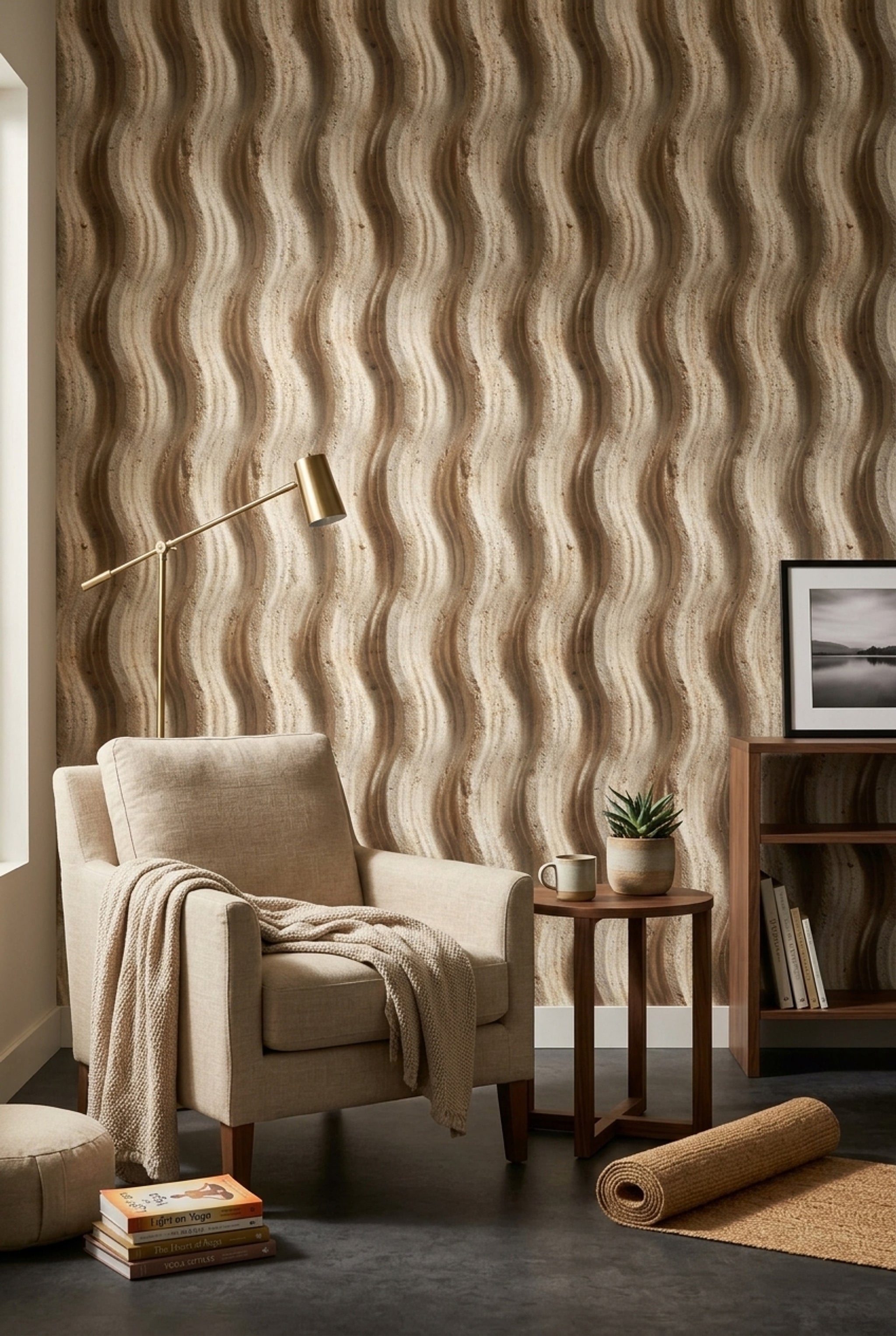 Abstract Wave Texture Wallpaper Beige Stone 3D Relief Removable Wall Decor