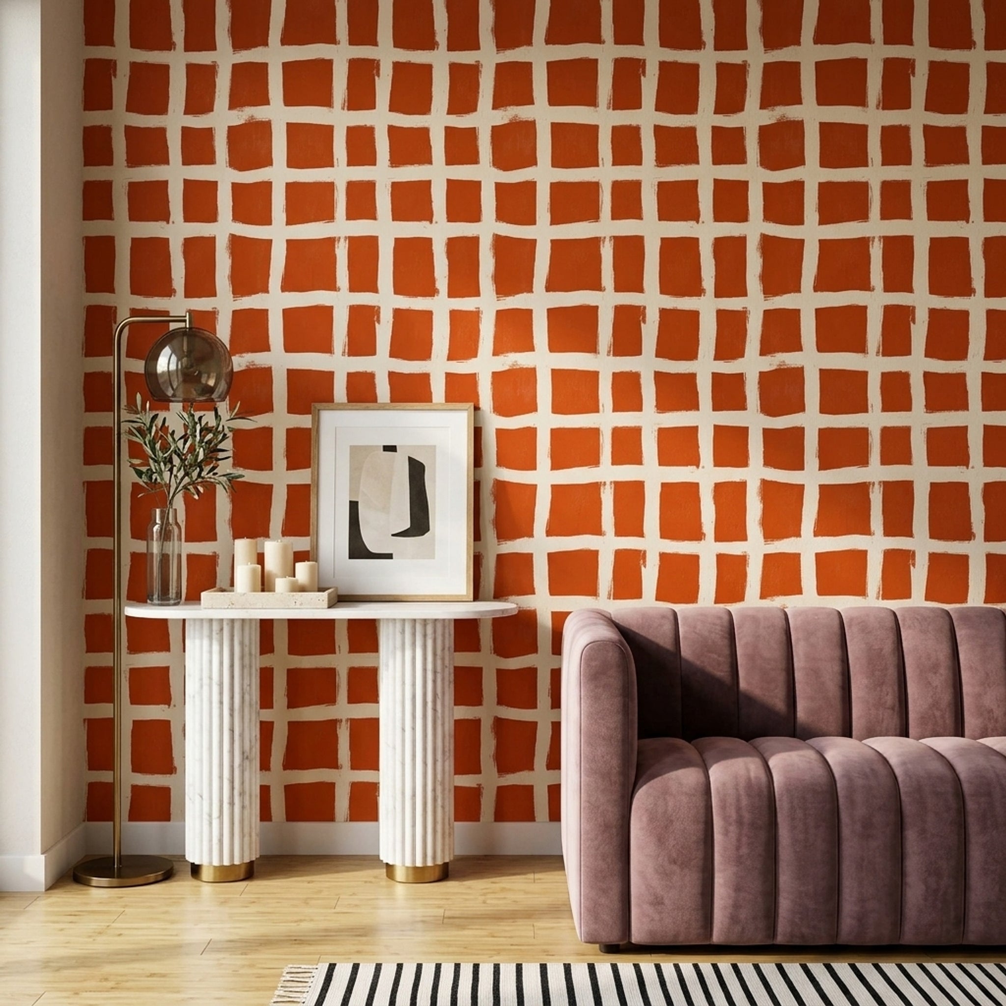 Checkered Grid Wallpaper Hand Painted Brushstroke Removable Modern Minimalist Wall Decor
