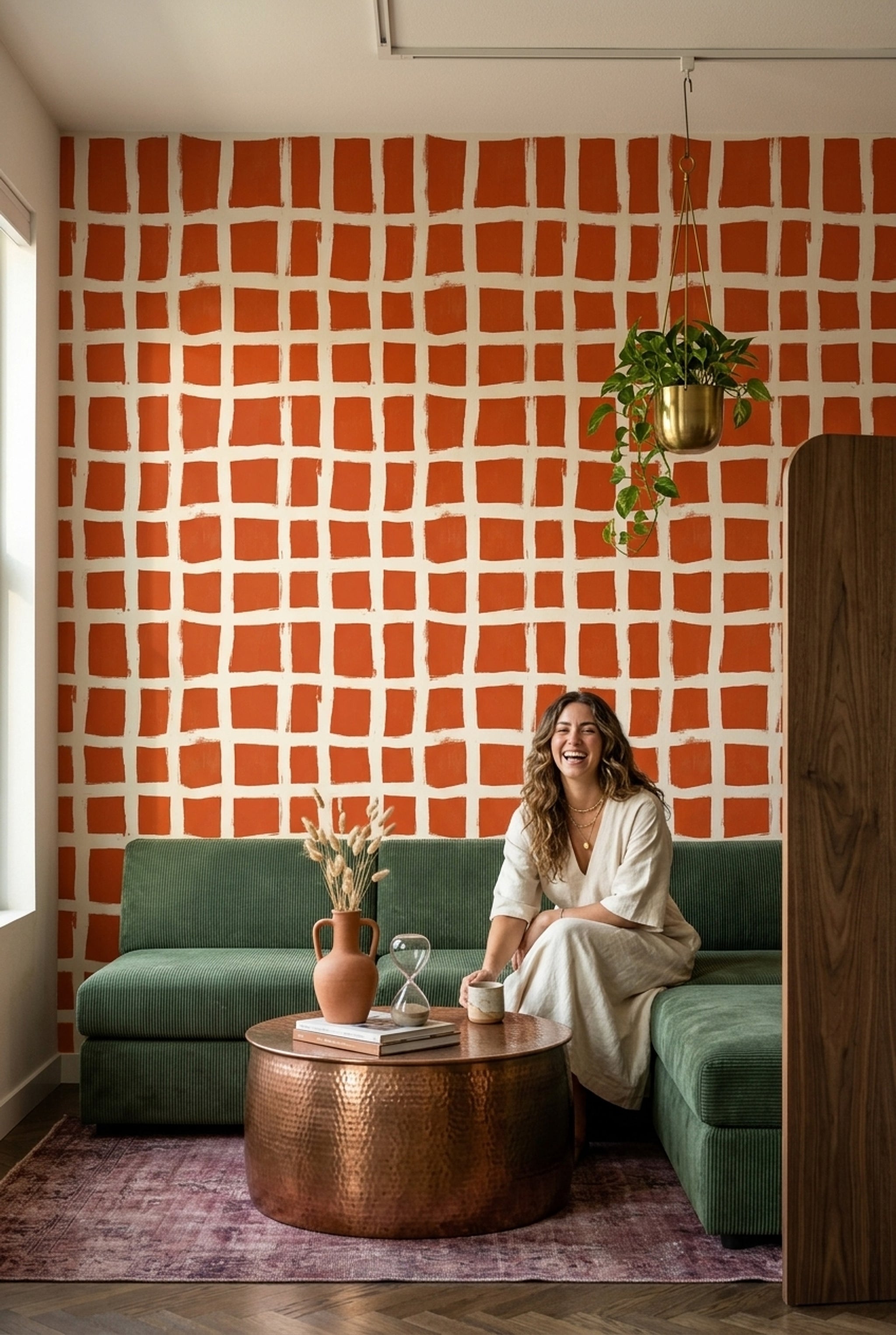 Checkered Grid Wallpaper Hand Painted Brushstroke Removable Modern Minimalist Wall Decor