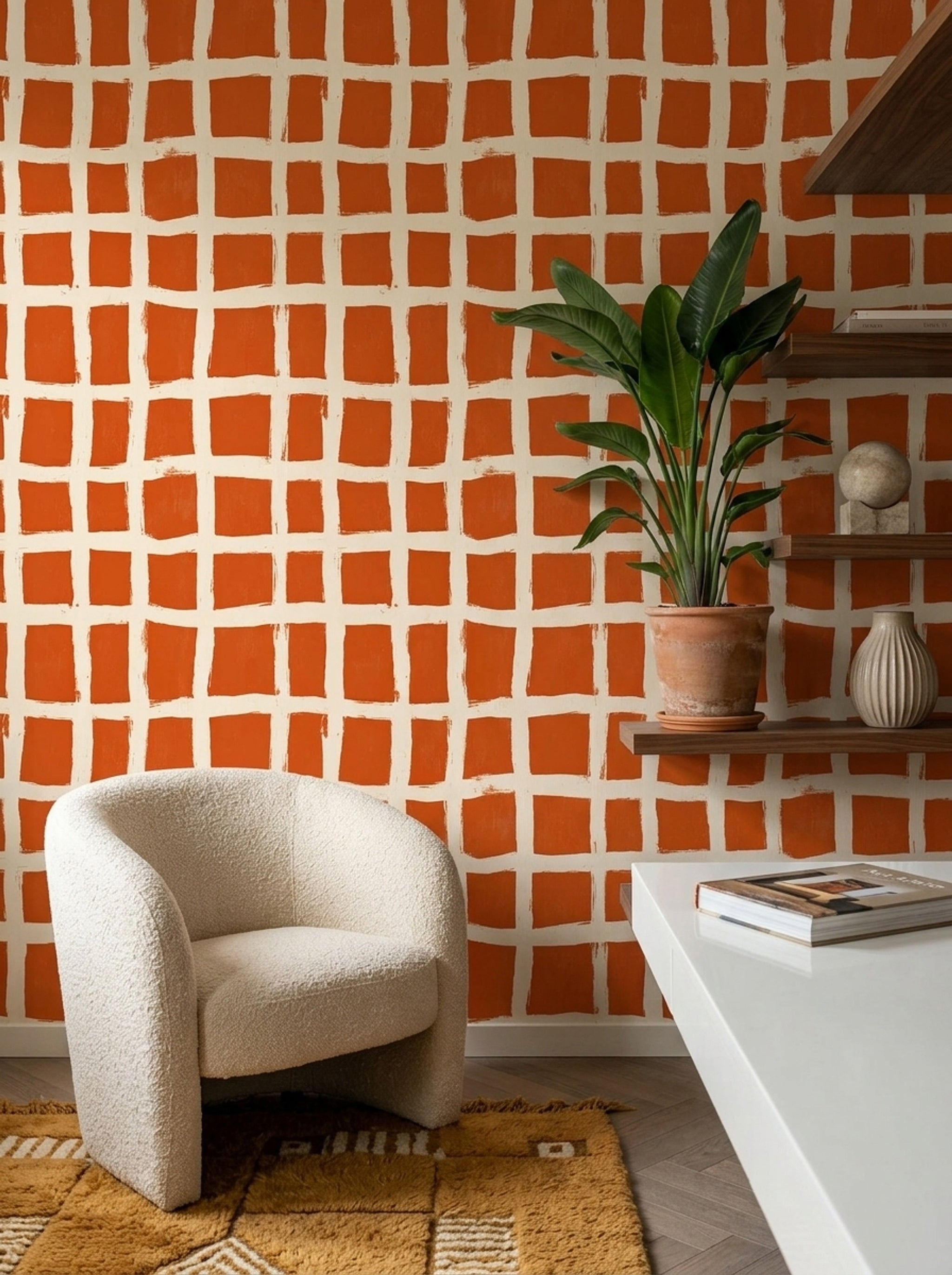 Checkered Grid Wallpaper Hand Painted Brushstroke Removable Modern Minimalist Wall Decor