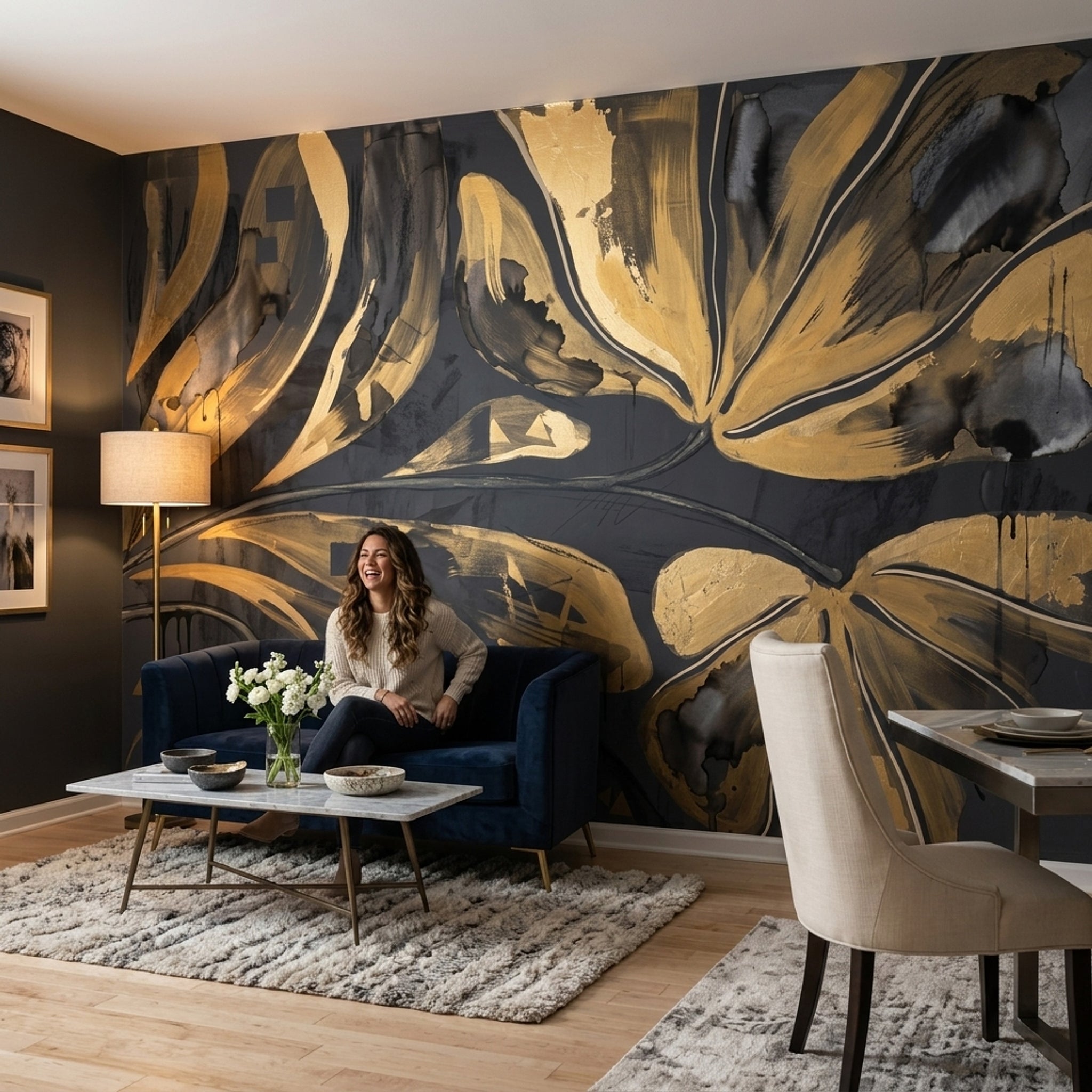 Gold Floral Wallpaper Abstract Botanical Removable Modern Glam Wall Decor