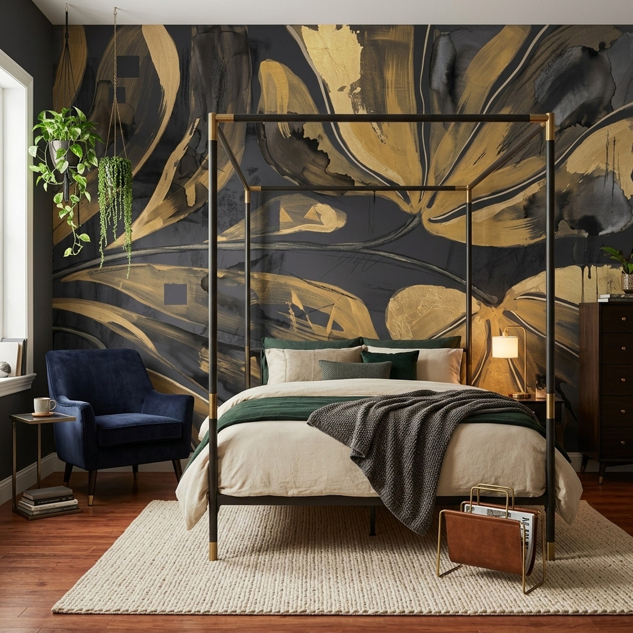 Gold Floral Wallpaper Abstract Botanical Removable Modern Glam Wall Decor