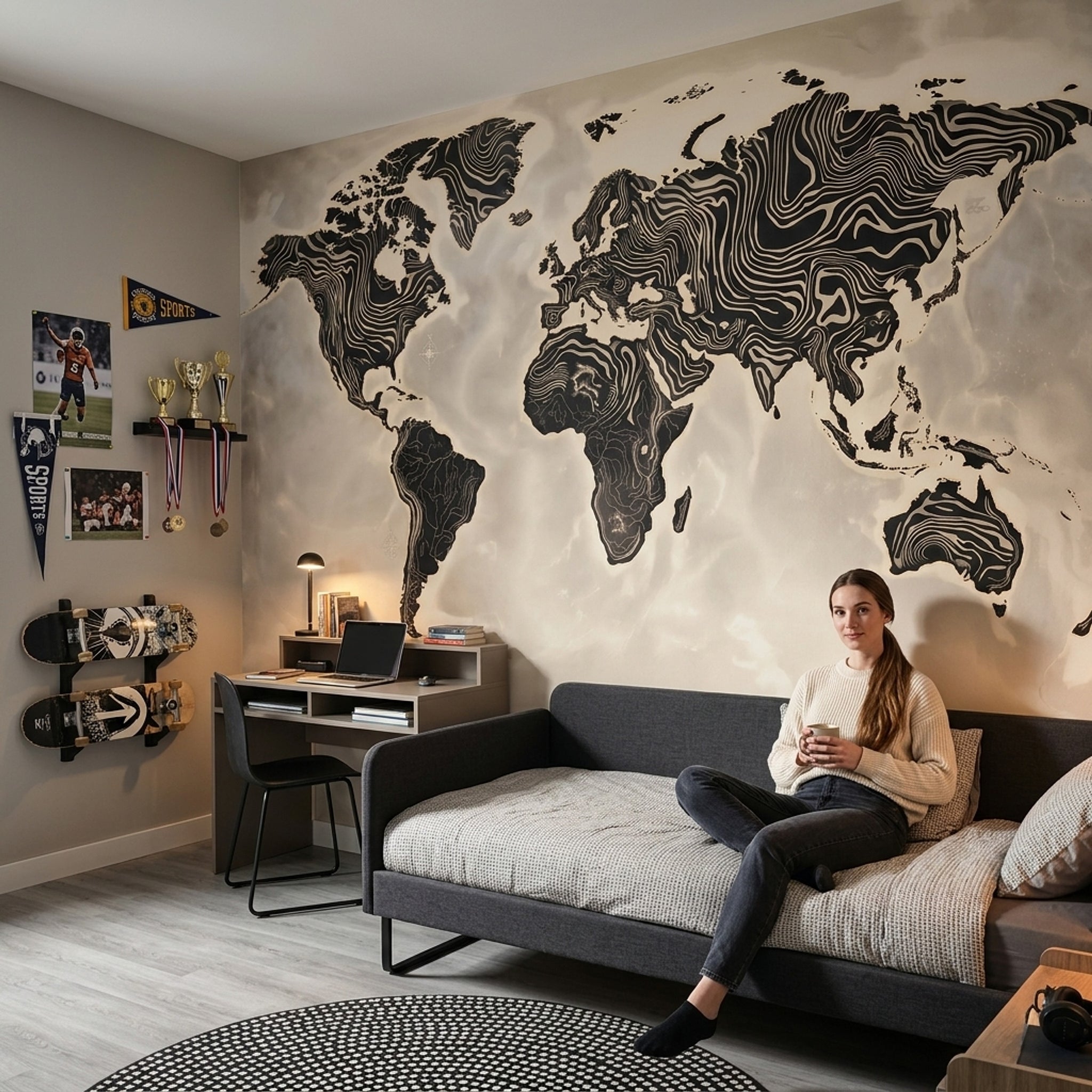 World Map Wallpaper Solid Black Wall Mural