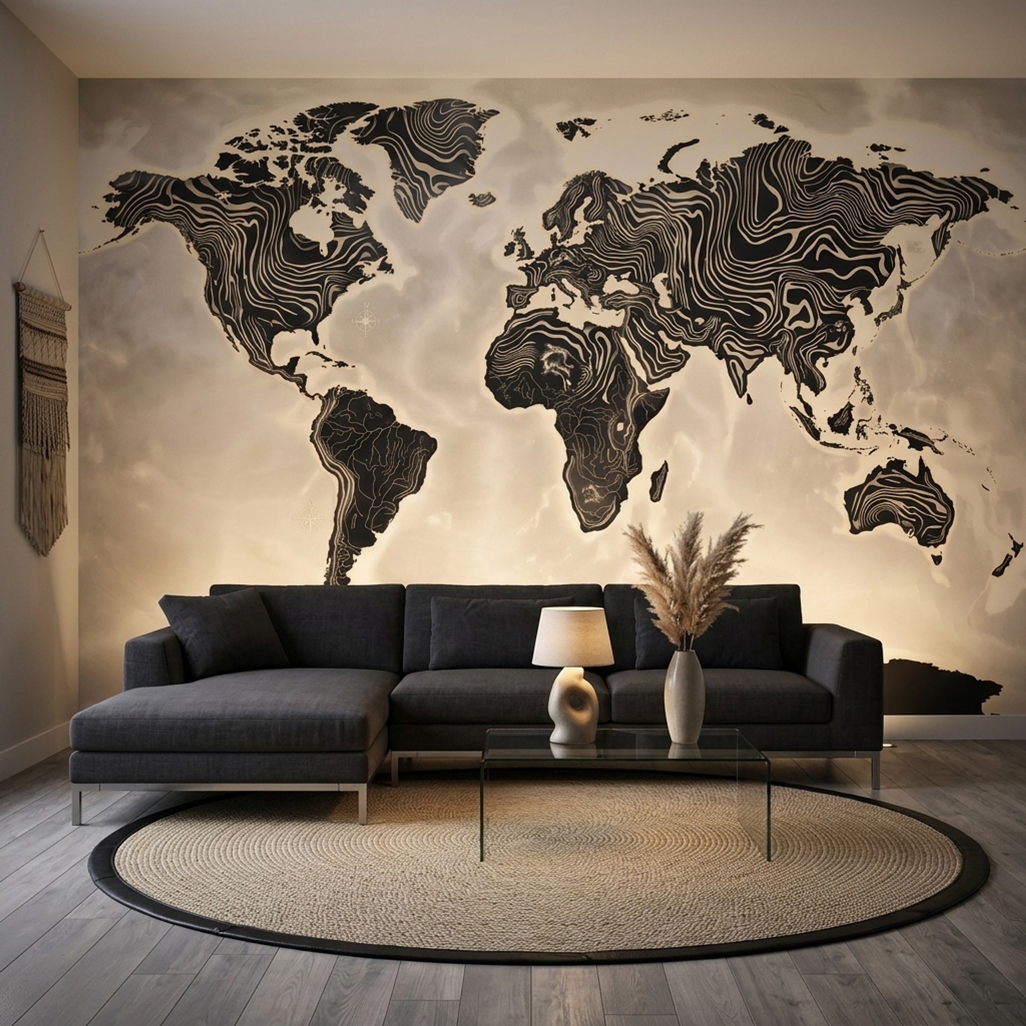 World Map Wallpaper Solid Black Wall Mural