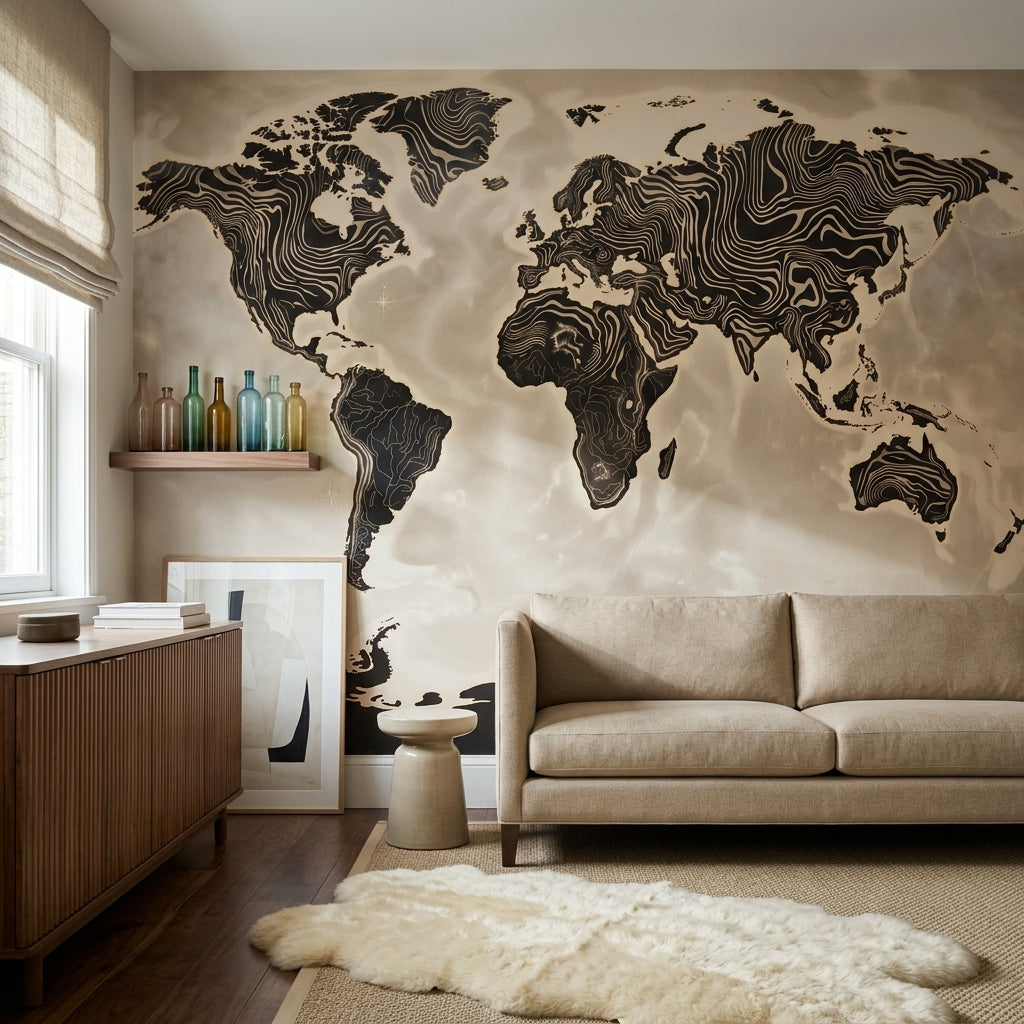 World Map Wallpaper Solid Black Wall Mural