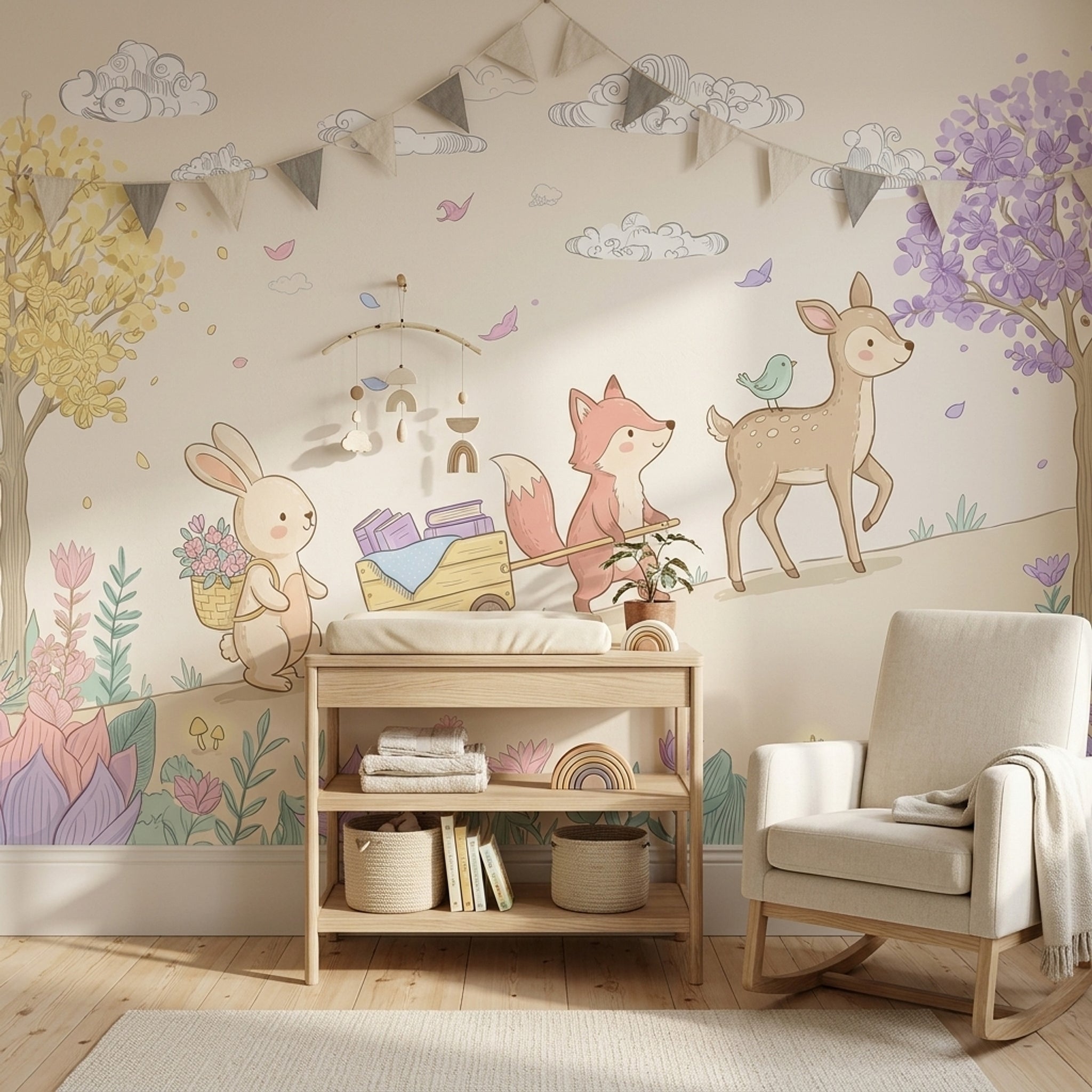 Woodland Animals Wallpaper Pastel Removable Nursery Decor Wall Decor