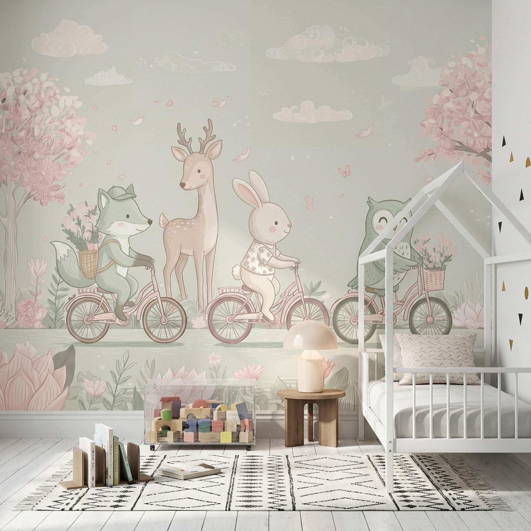 Woodland Animals Wallpaper Bicycles Spring Garden Removable Wall Decor