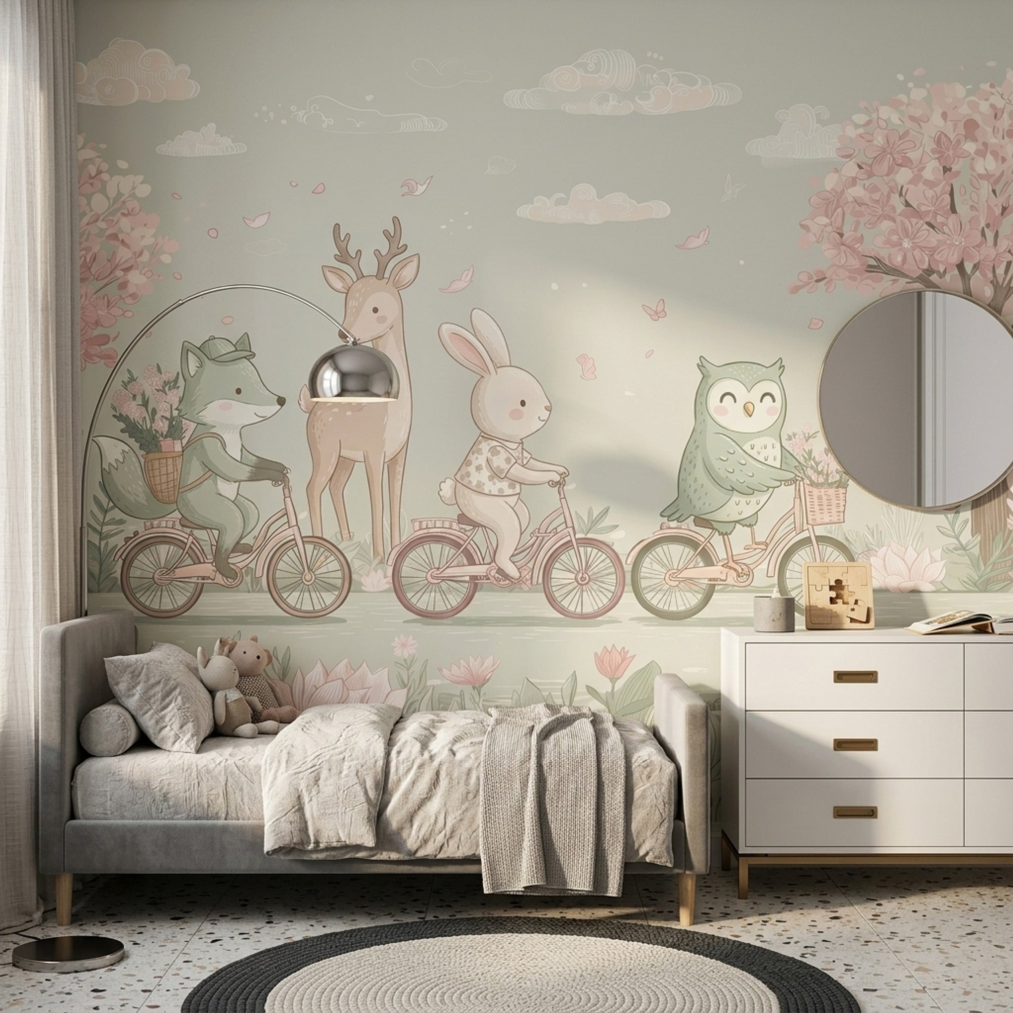 Woodland Animals Wallpaper Bicycles Spring Garden Removable Wall Decor
