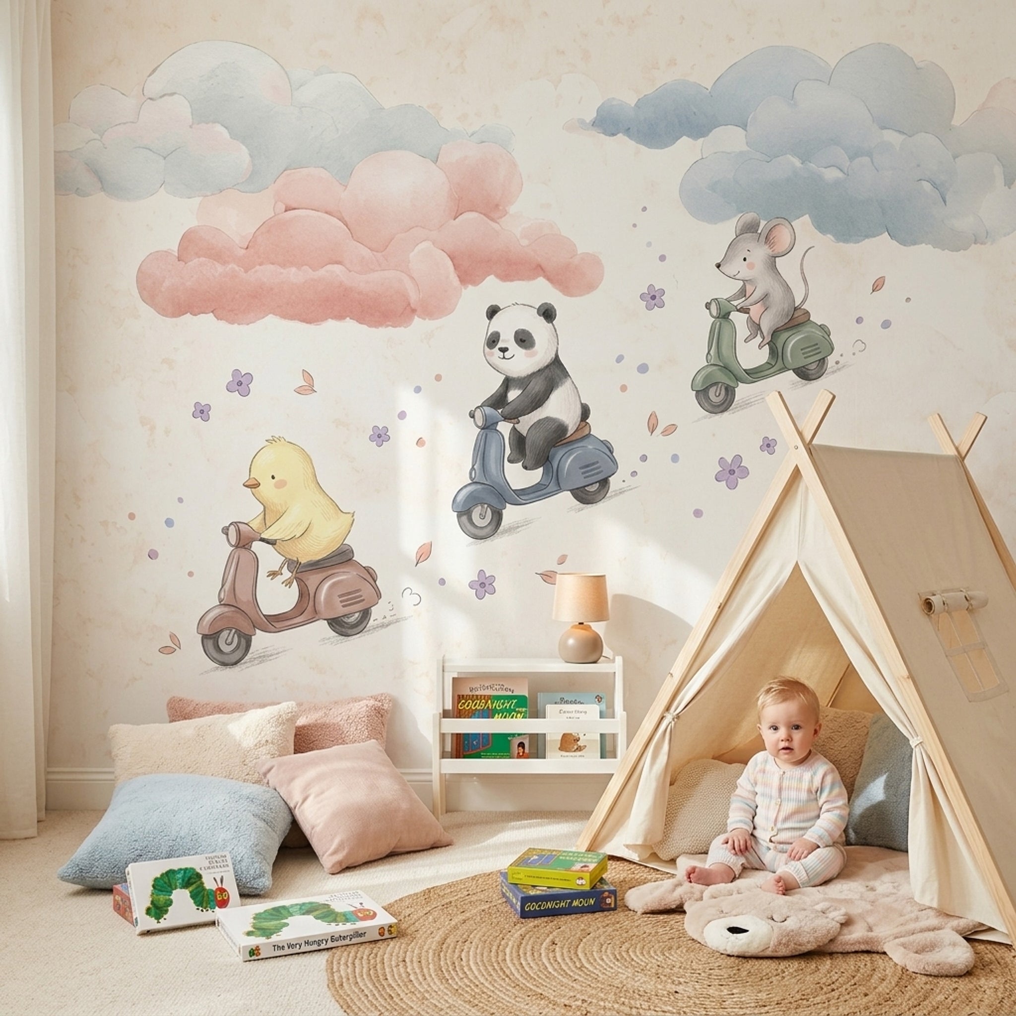 Cute Animals Wallpaper Scooters Removable Pastel Wall Decor