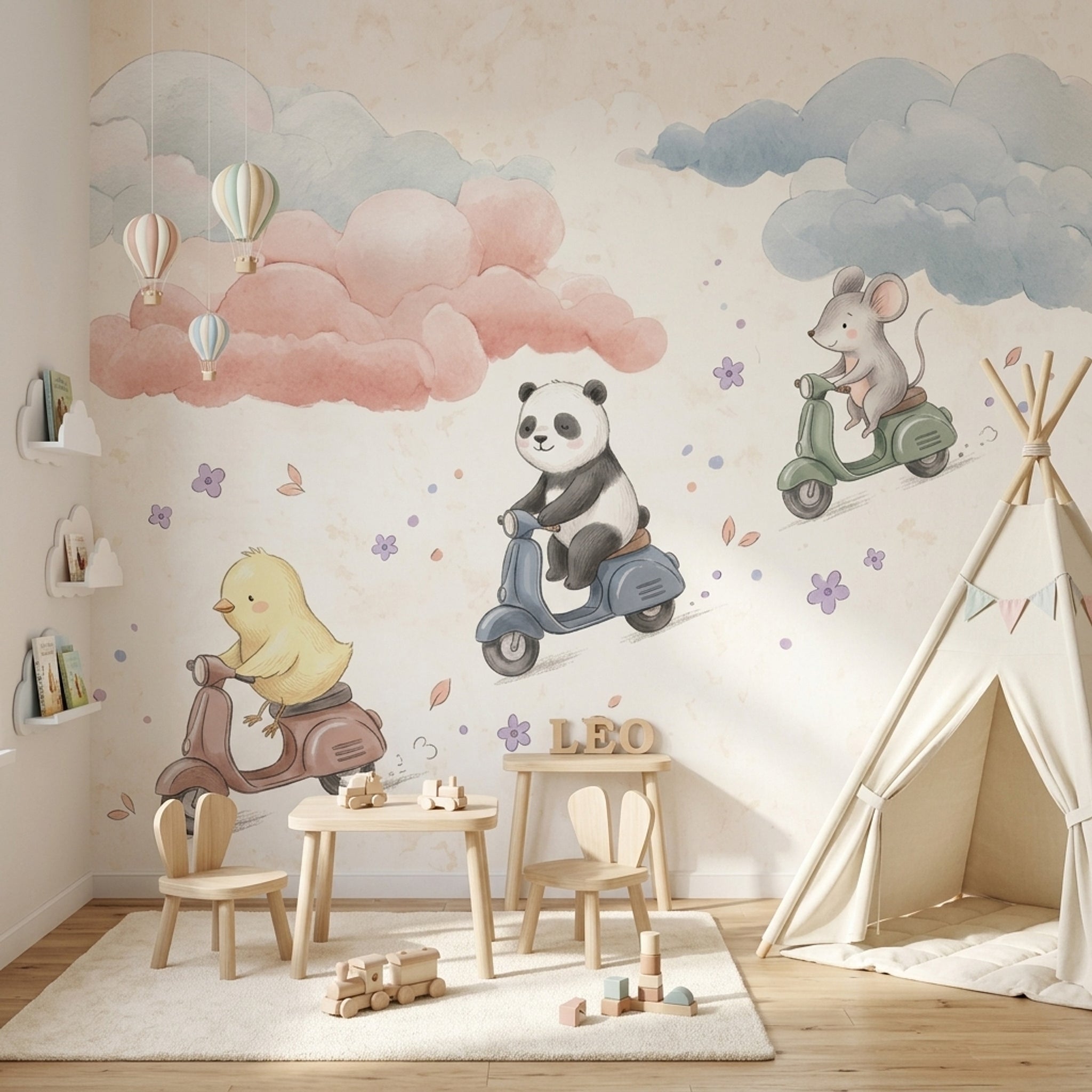 Cute Animals Wallpaper Scooters Removable Pastel Wall Decor