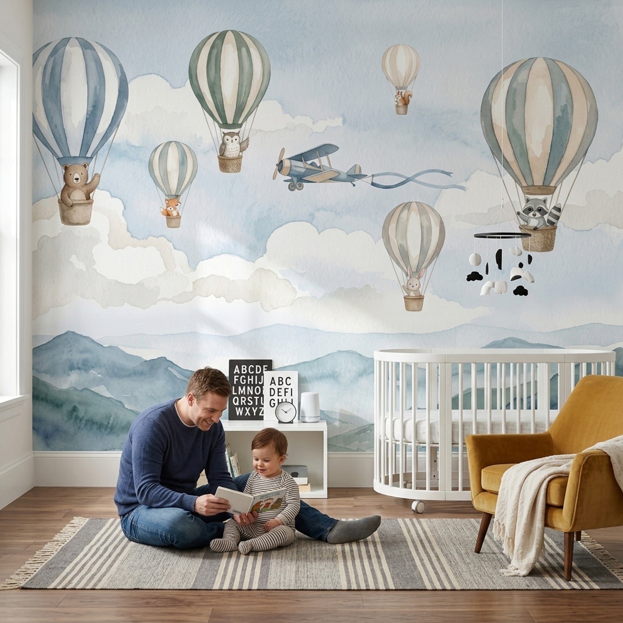 Watercolor Wallpaper Hot Air Balloons Woodland Animals Wall Mural