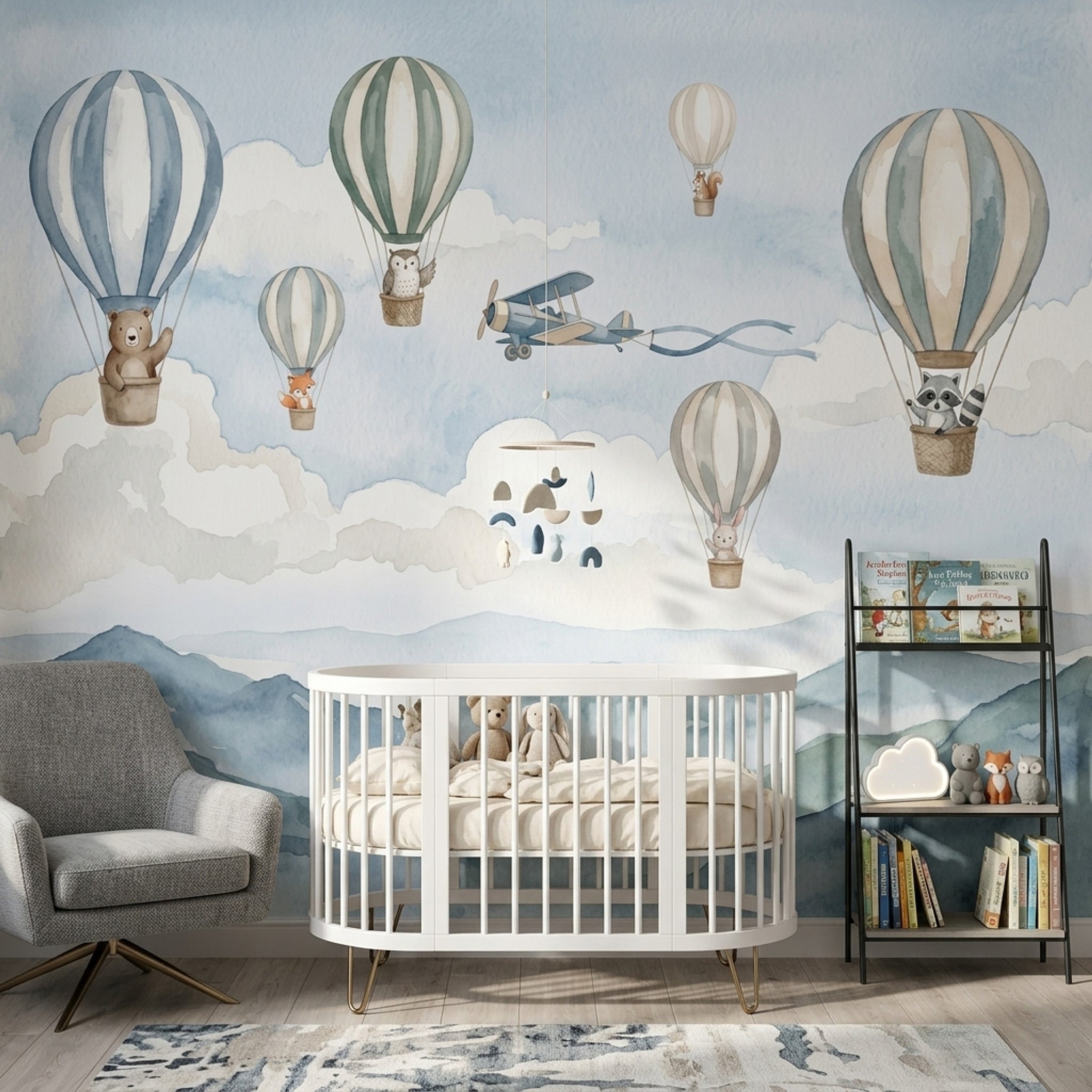Watercolor Wallpaper Hot Air Balloons Woodland Animals Wall Mural